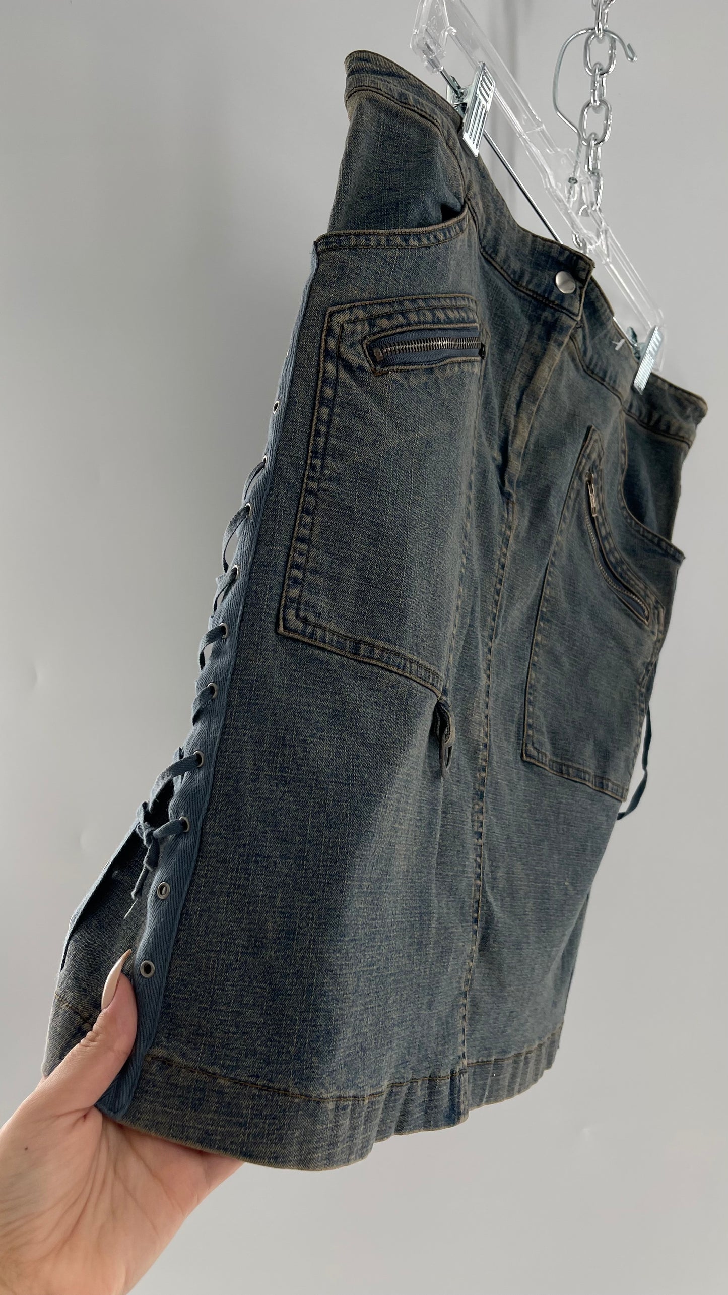 Vintage More Feminine w/o Limits Denim Skirt with Grommet Lace Up Sides and Fade (42)