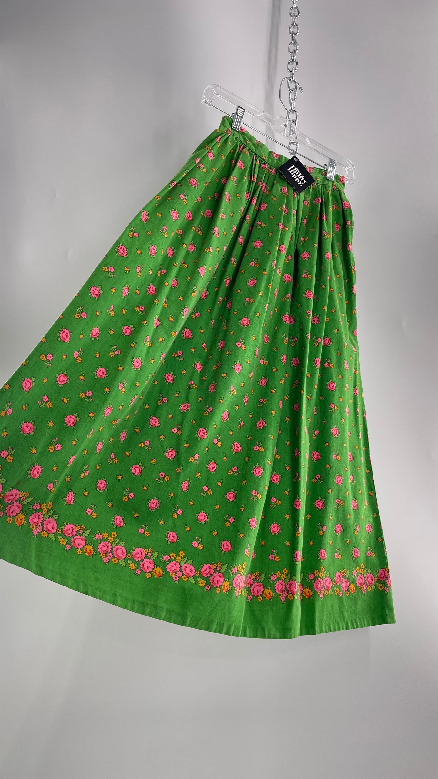 Vintage Imported Cotton Kelly Green Skirt with Pink Roses (XS)