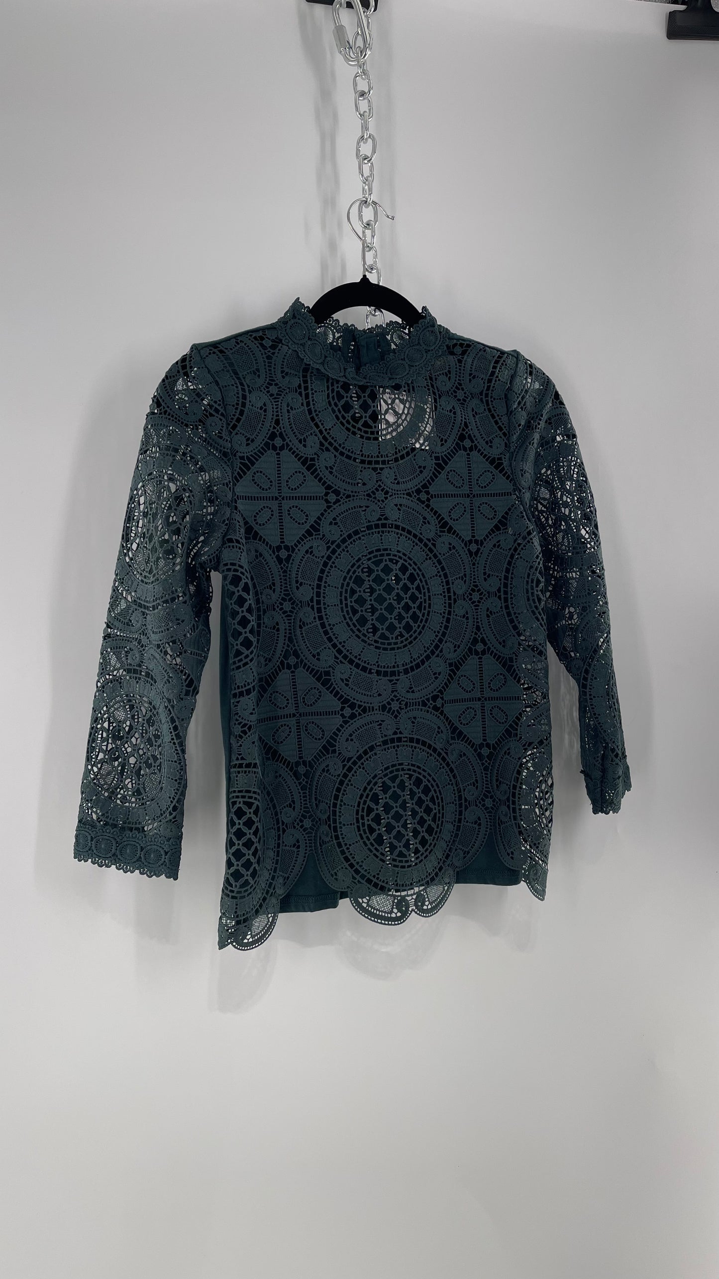 James Coviello New York Thick Lace Forest Green Blouse with Button Down Back (XS)