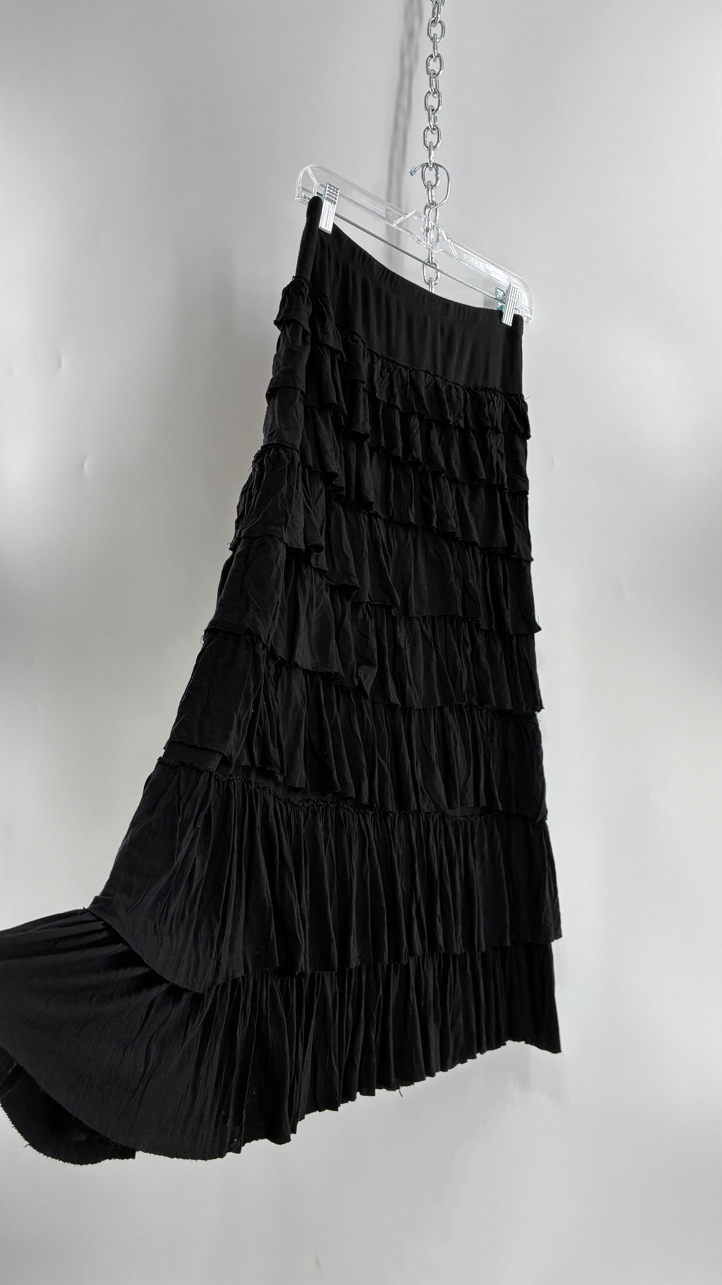 Vintage Black Ruffled 100% Viscose Ruffled Maxi Skirt (PSmall)