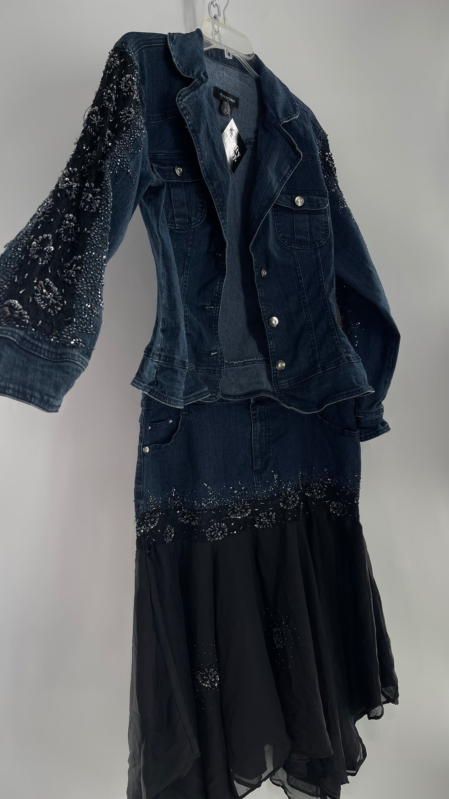 Vintage Ashley Stewart Denim Skirt and Button Up Set with Black Embroidered and Beaded Lace Details + Handkerchief Skirt (16W)