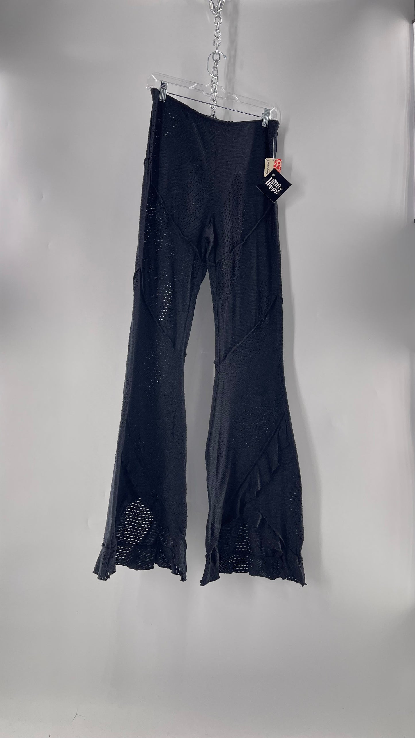 Free People Black Midnight Grey Mixed Pattern Kickflares with High Low Hem, Exposed Seams and Distressing Tags Attached (Medium)