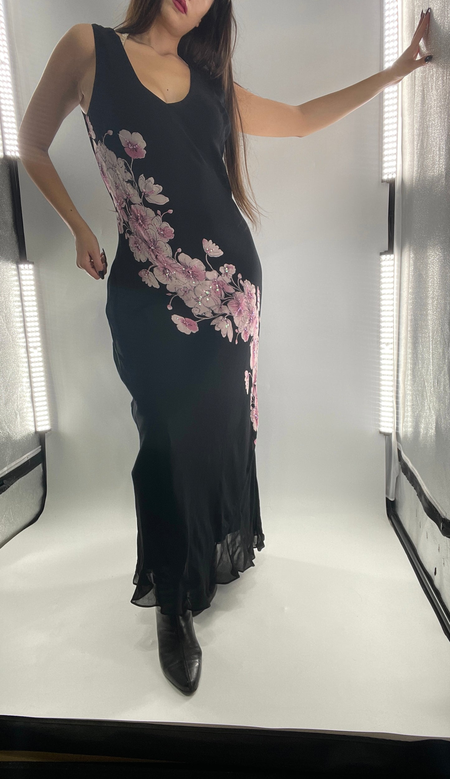 Vintage Dress Barn Black Slinky Maxi Dress with Pink Floral Graphic and Sequins (L)