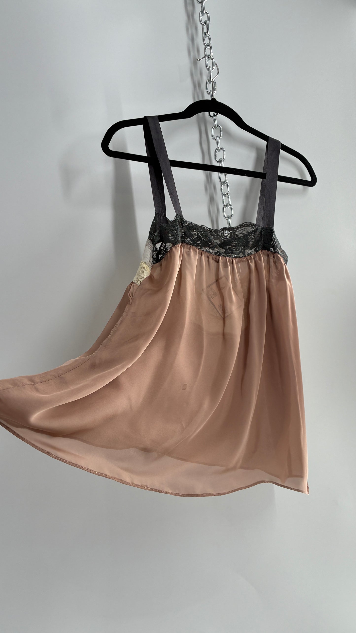 Vintage Milau Silky Camisole Top with Ribbon Straps and Sheer Mesh Paneling (Small)