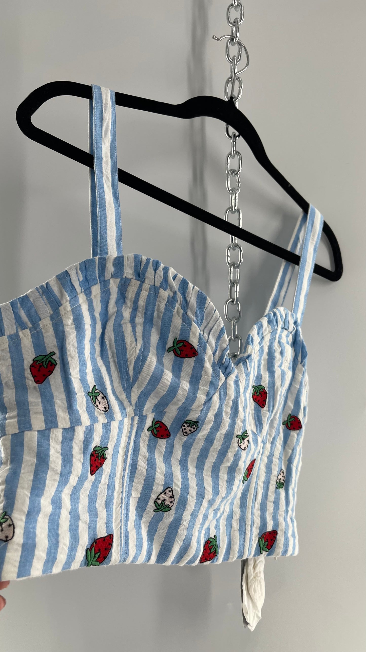 Maeve Anthropologie Baby Blue White Striped Corset Like Crop with Embroidered Strawberries (6)