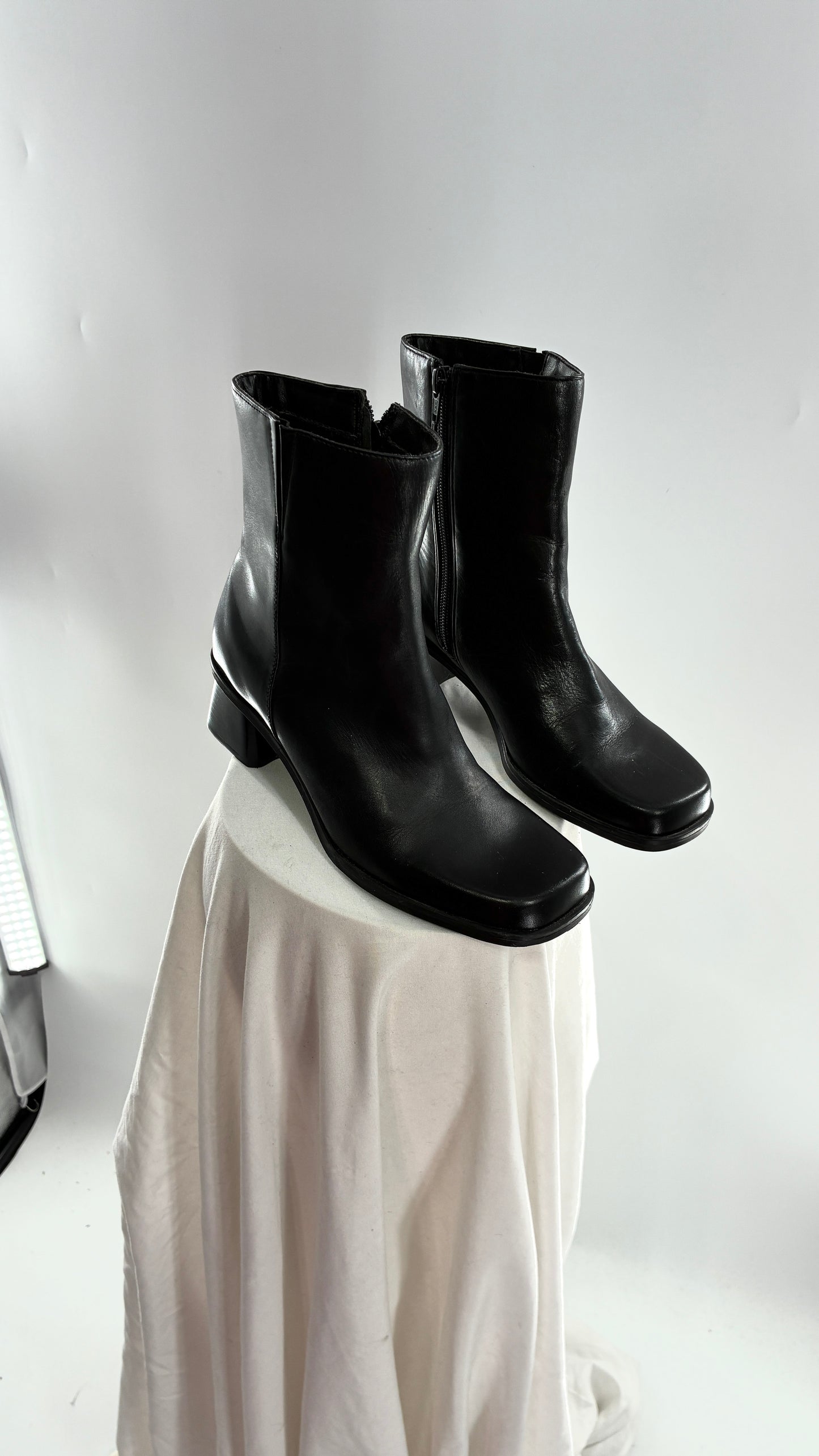 Vintage Naturalizer Black Square Toe Genuine Leather Block Heel Boots Made in Brazil (8)