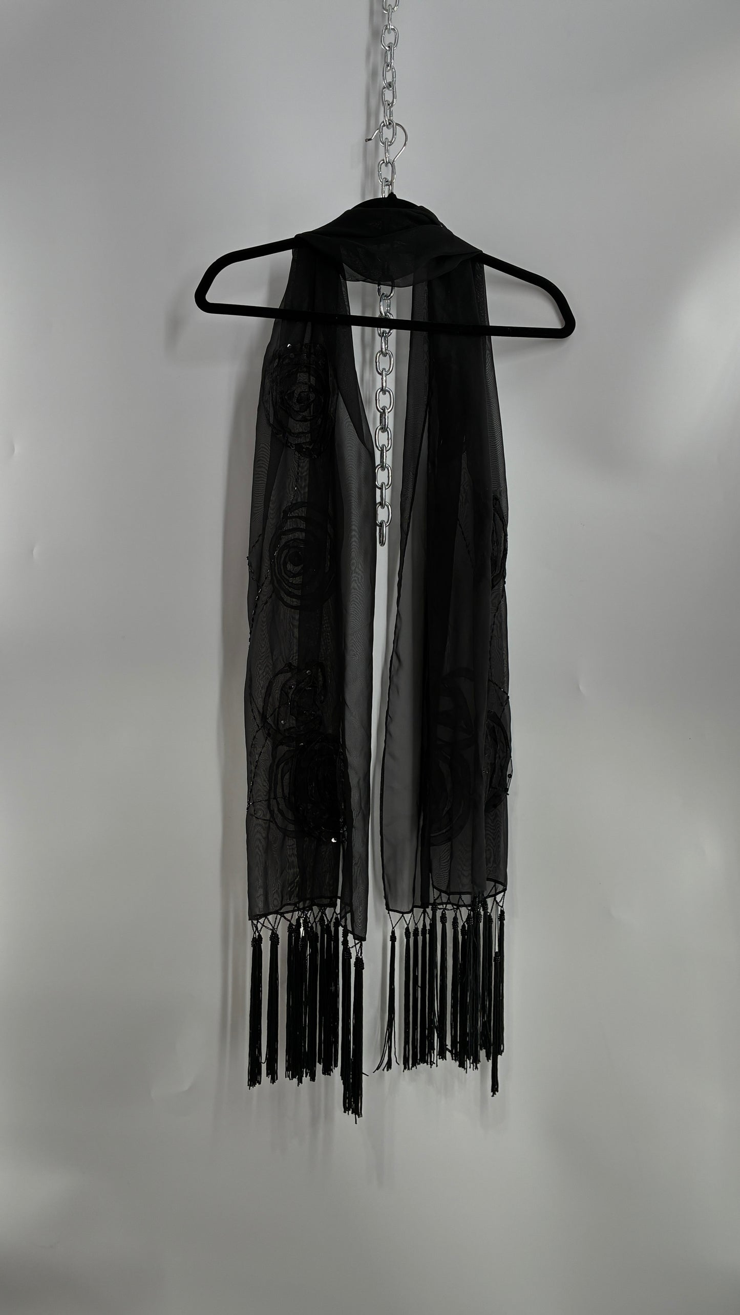 Vintage Black Beaded Scarf with Tassel Fringe and Embroidered Rosettes