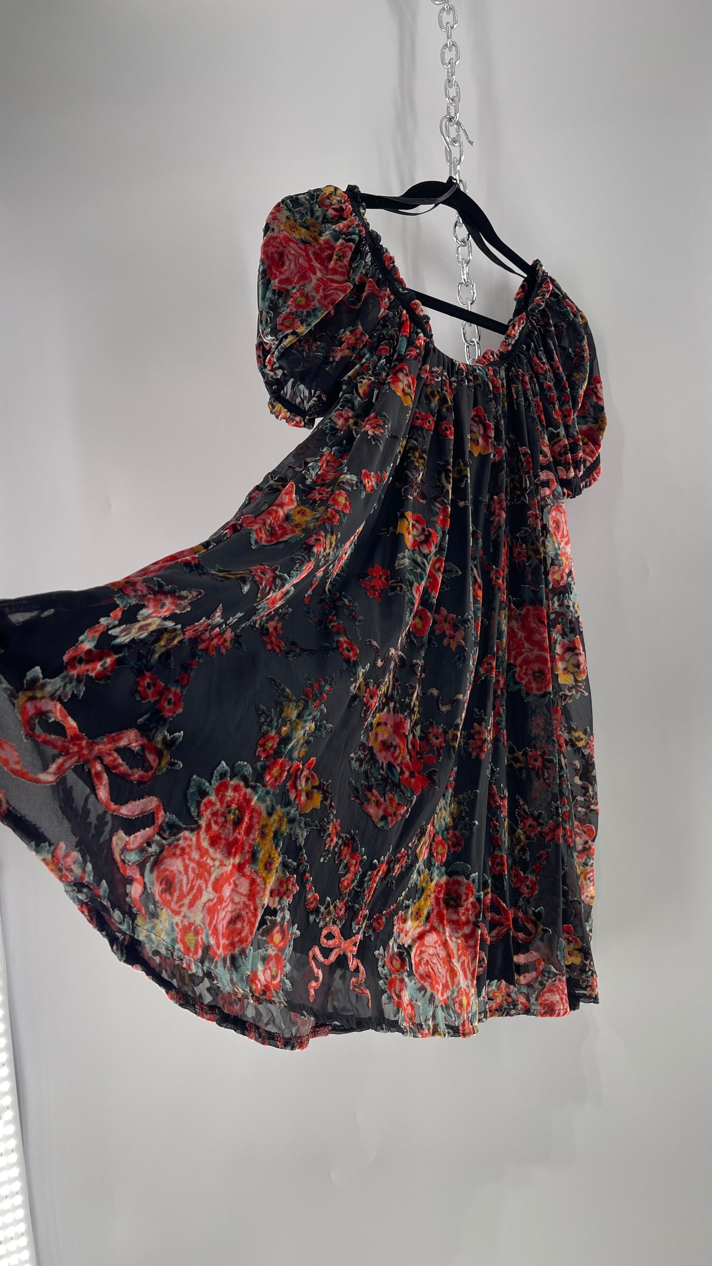 Free People Beautiful Blooms Velvet Florals Babydoll Dress (Small)