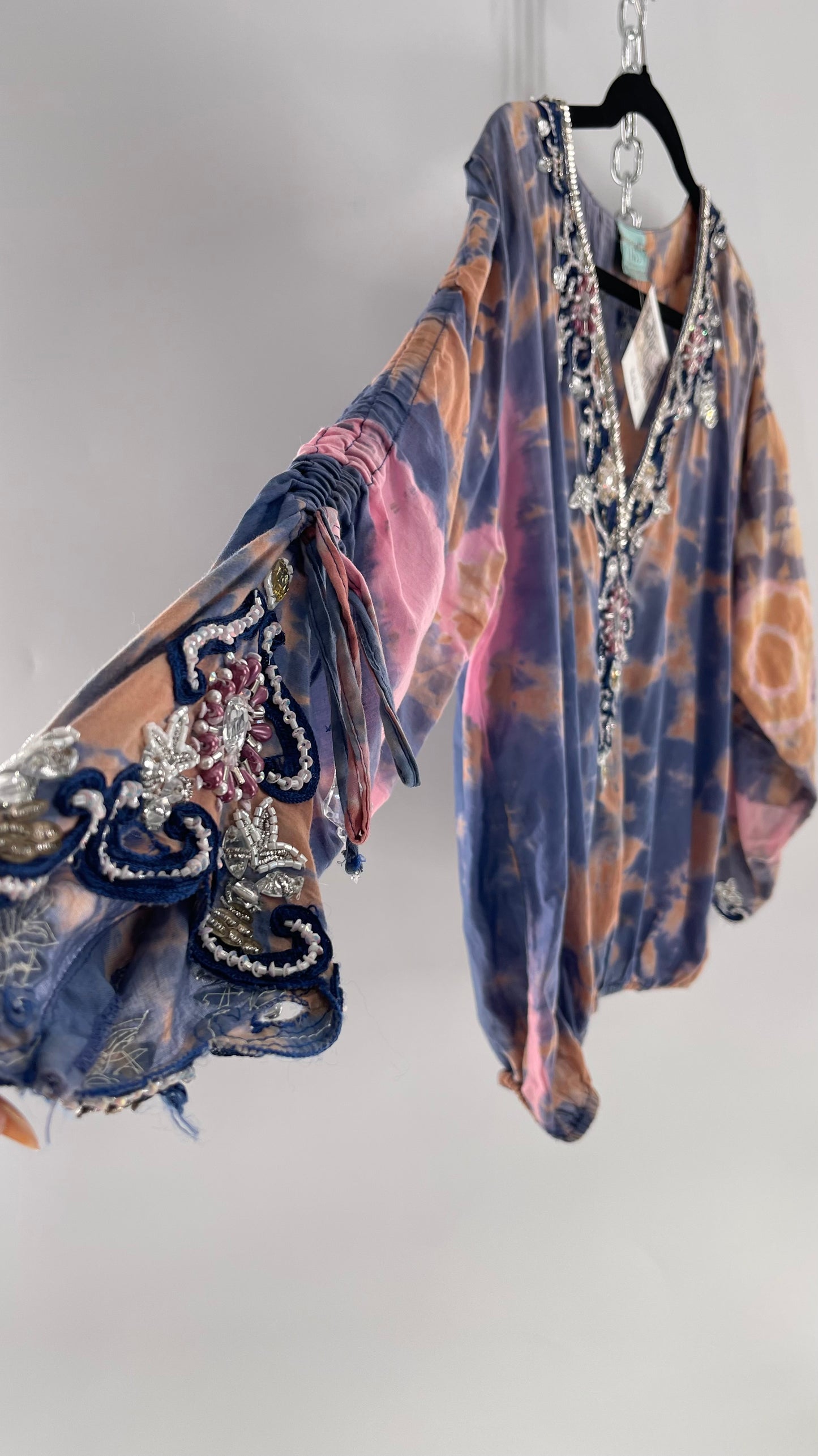 TAJ by Sabrina Crippa Tie Dye Blouse with Gemstone Encrusted Neckline and Ruched Beaded Sleeves (S/M)