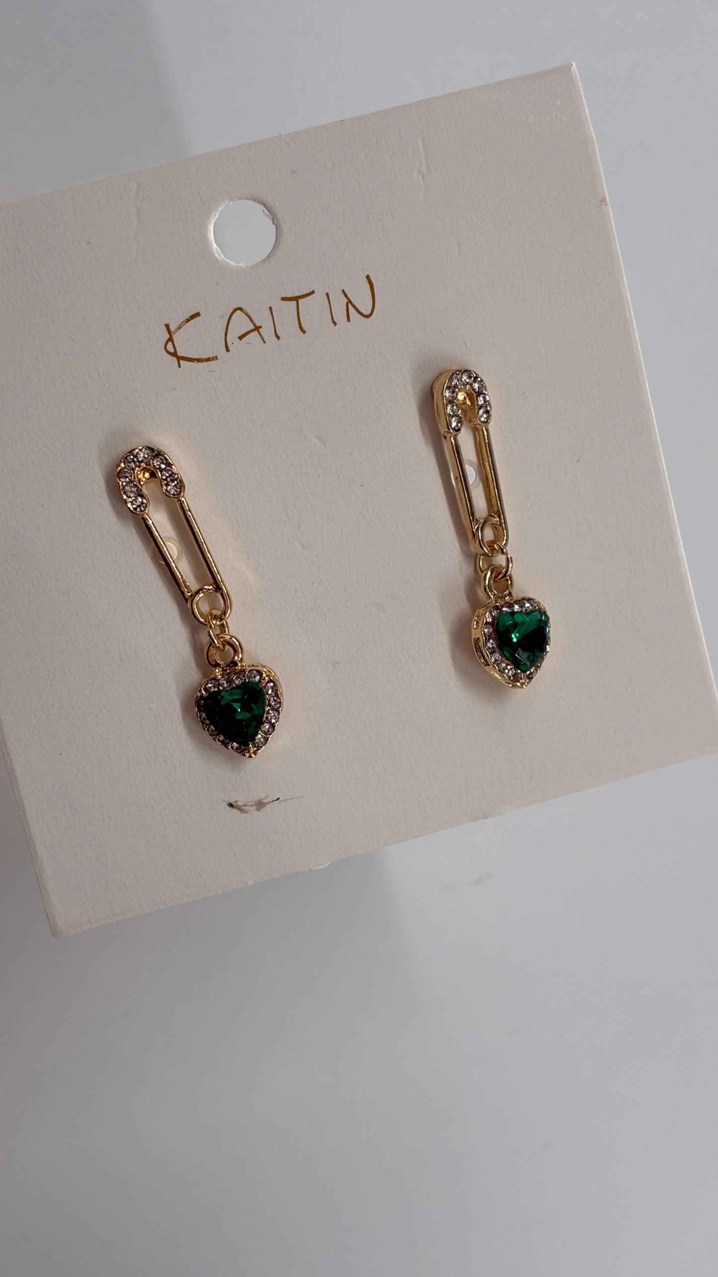 Gold Safety Pin Earring with Green Heart Stone Pendent