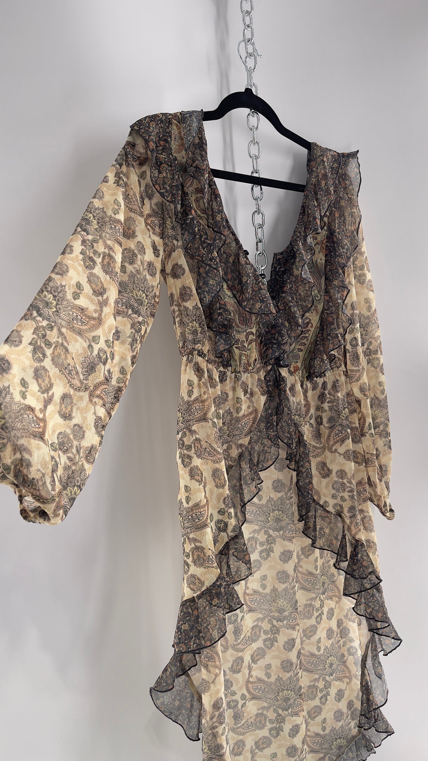 Free People Let Me Be Paisley Dual Toned High Low Sweeping Cape with Ruffled Bust and Hemline with Tags Attached (Small)