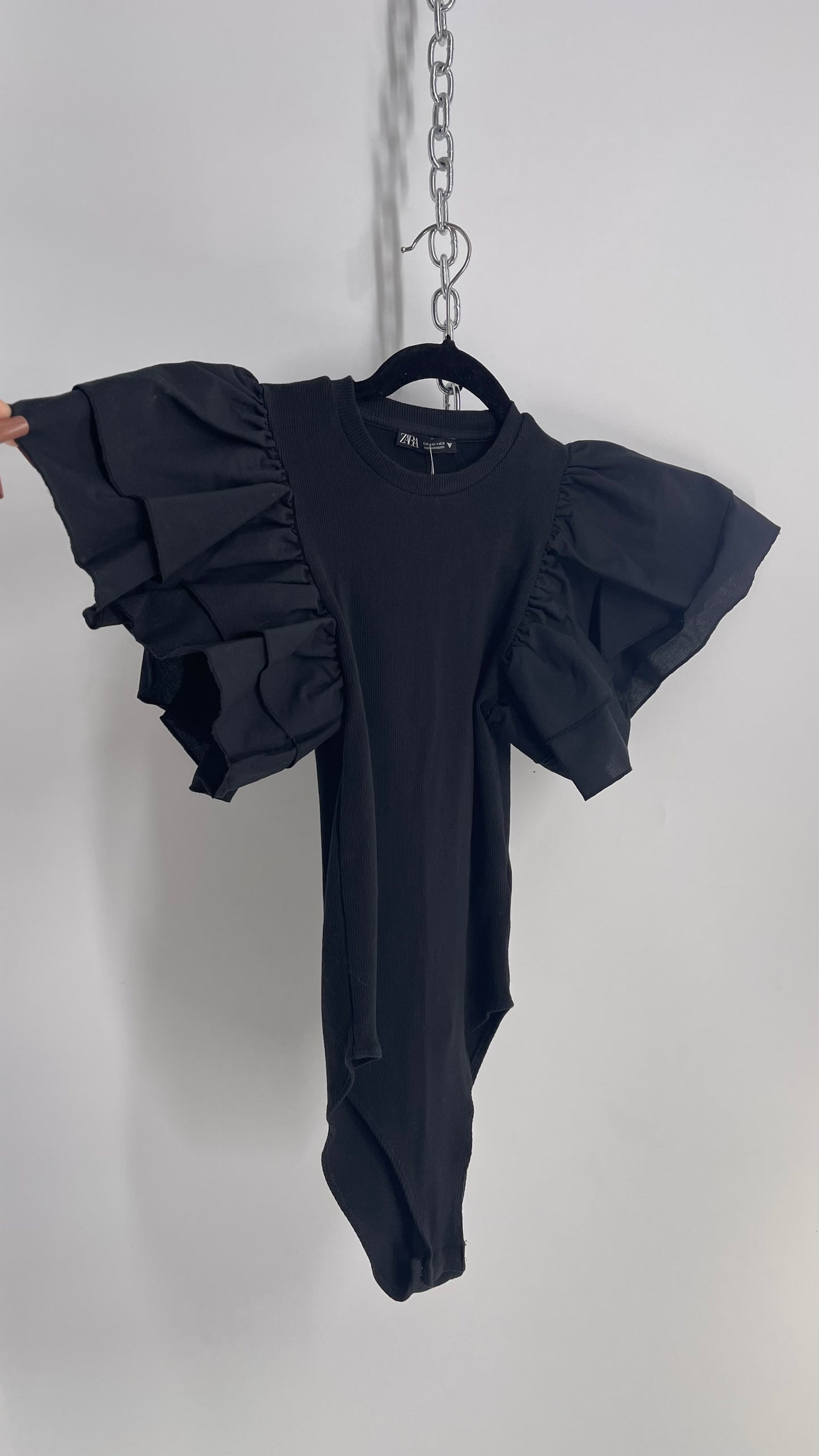 ZARA Black Bodysuit with Ruffled Sleeve Detail (Small)