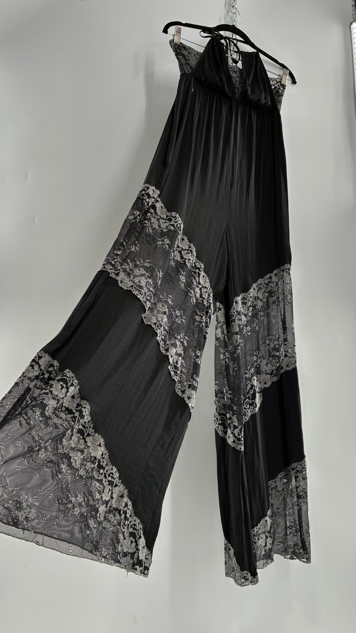 Free People Silky Black Jumpsuit with Grey Lace Paneling and Bandeau (S)