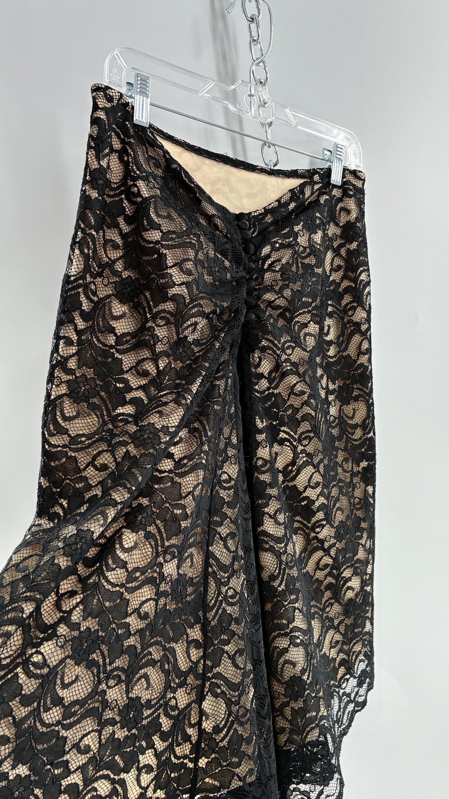 Vintage HEART MOON STARS Black Lace Overlay + Nude Underlay Skirt with Low Wired Back, Ruched Bum, and Button Down Back(8)