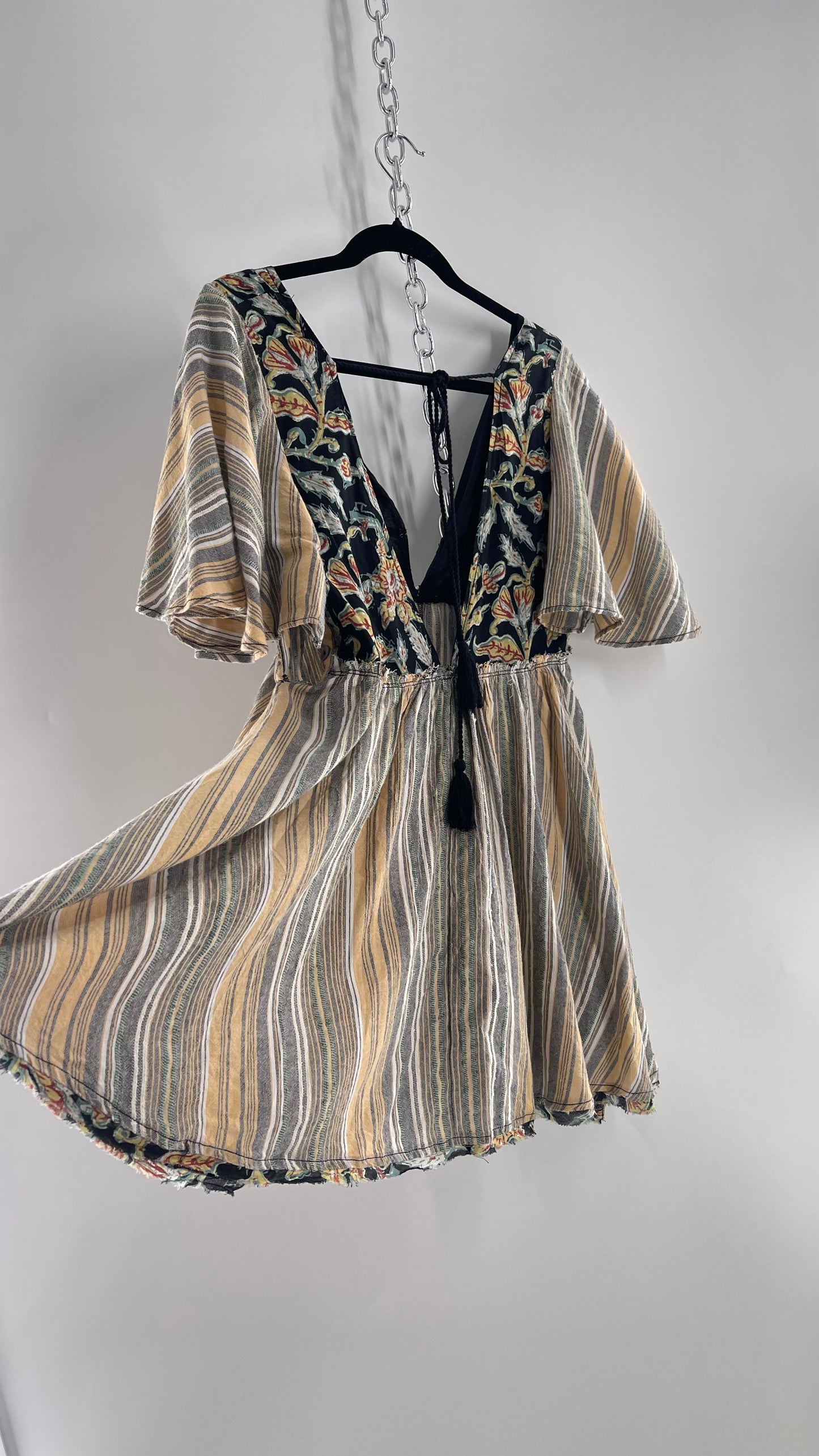 Free People Dual Fabric Floral/Woven Boho Babydoll Mini Dress (XS)
