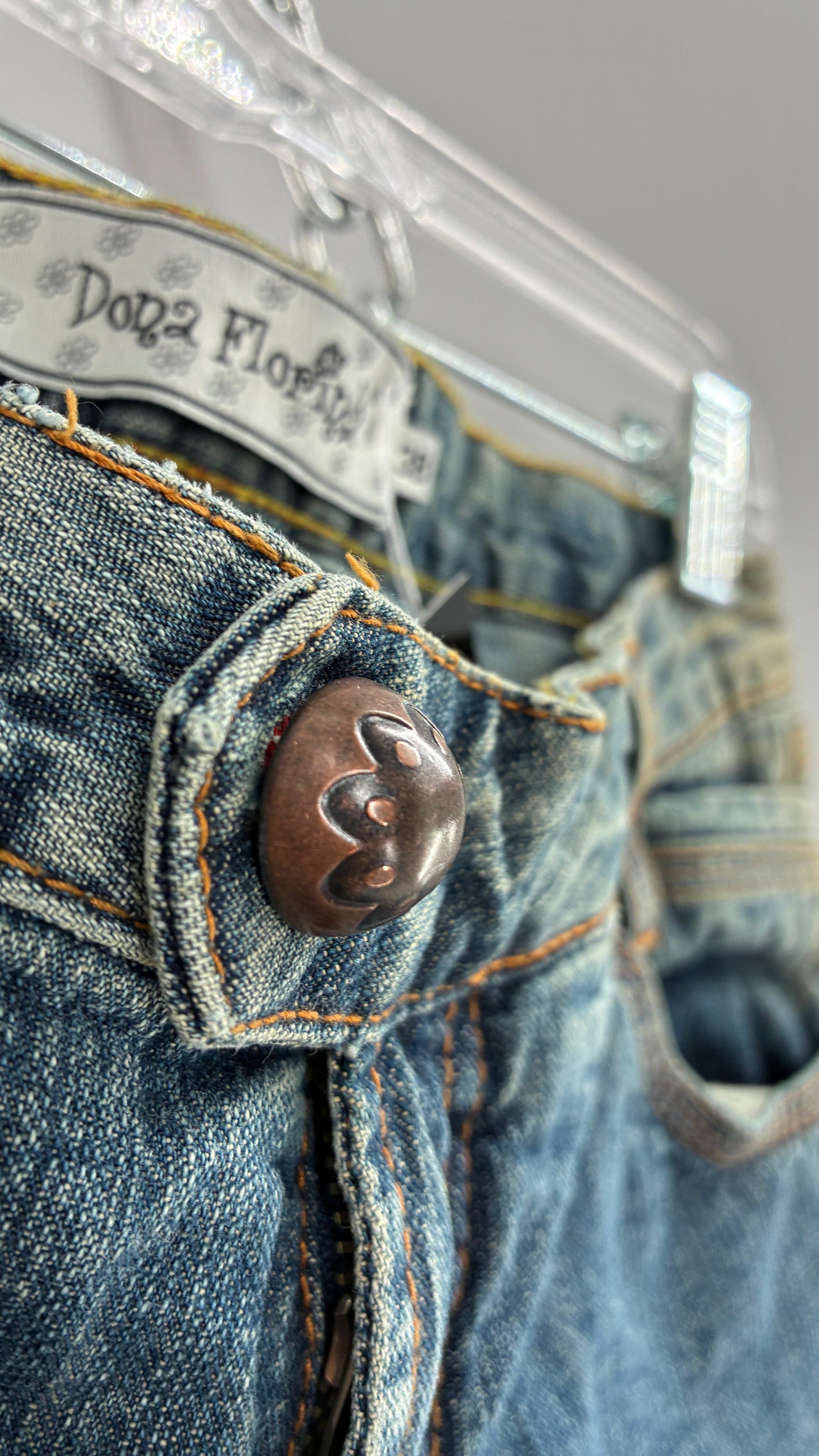 Rare Vintage DONA FLORINDA RIOT GIRLS Faded Wash Denim with Heavy Metal Jacron and Embroidery (38)