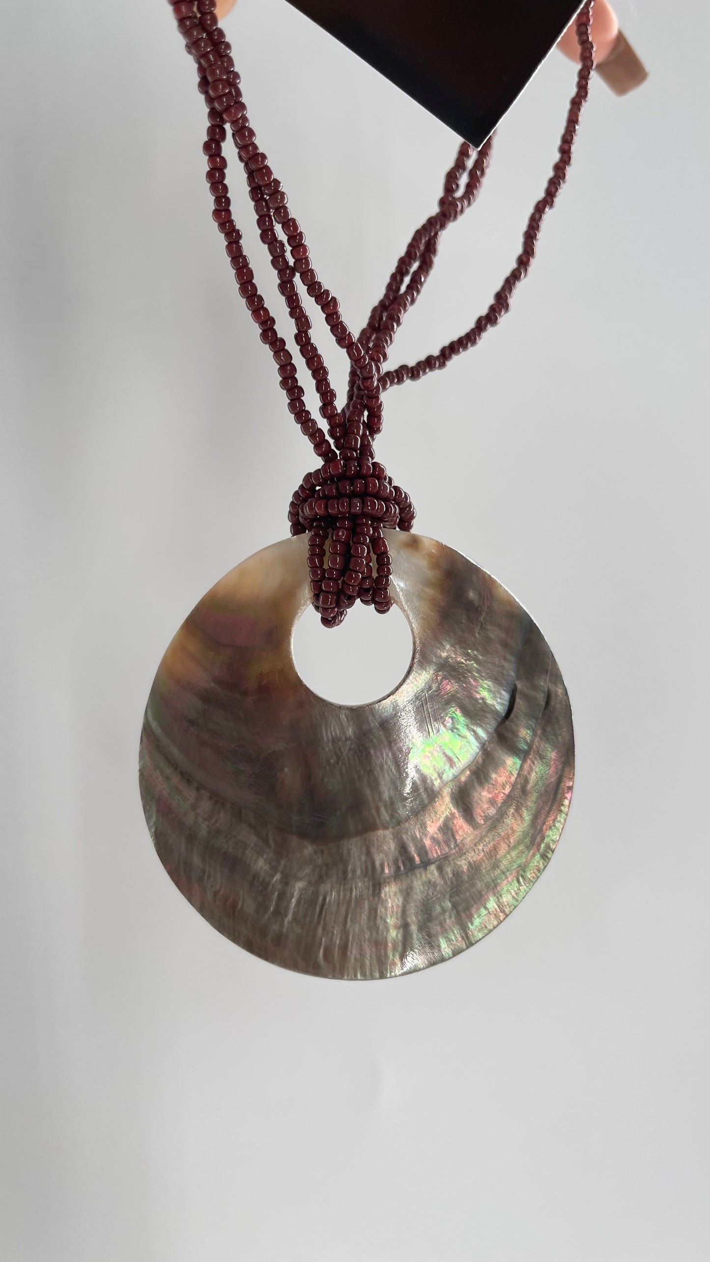 Vintage 1990s Burgundy Beaded Choker with Statement Iridescent Shell Pendant