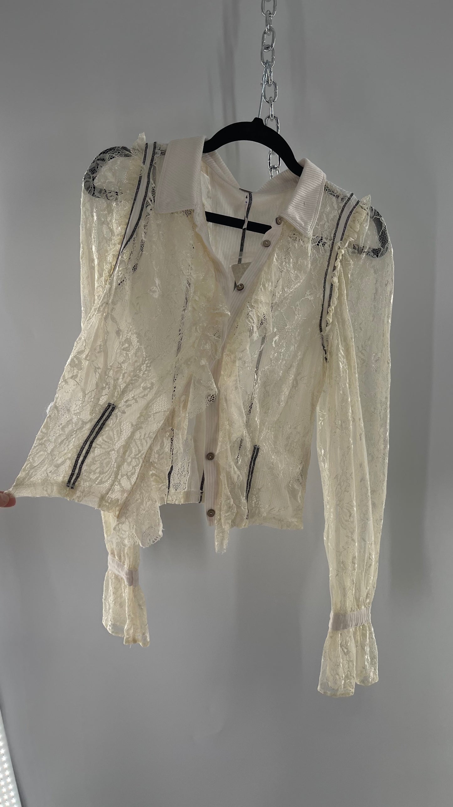 Free People White Lace/Ribbed BodyCon Button Up with Tags Attached (Large)