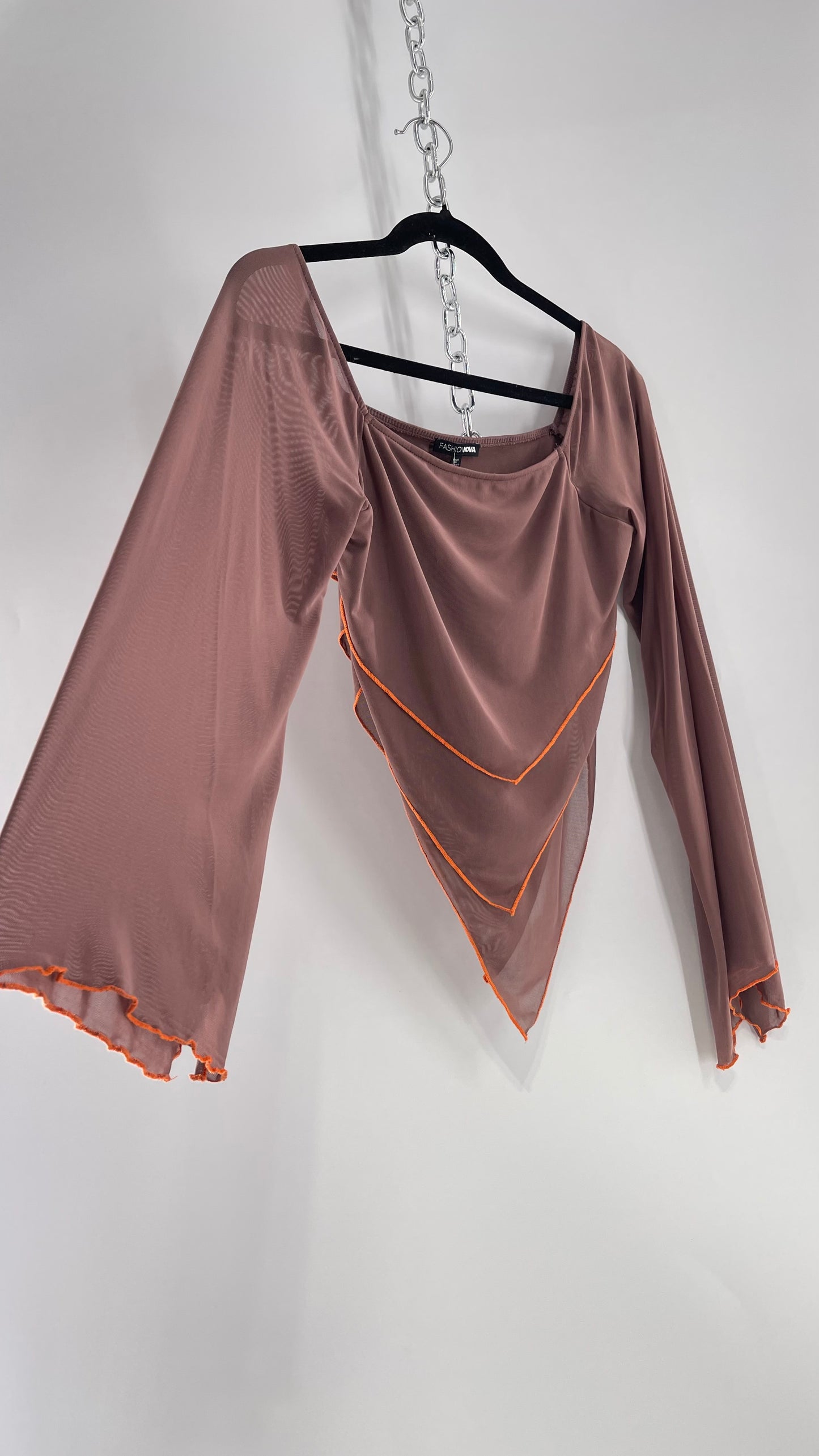 Fashion Nova Brown Mesh Pointed Hem Blouse with Bell Sleeves and Orange Contrast Stitch