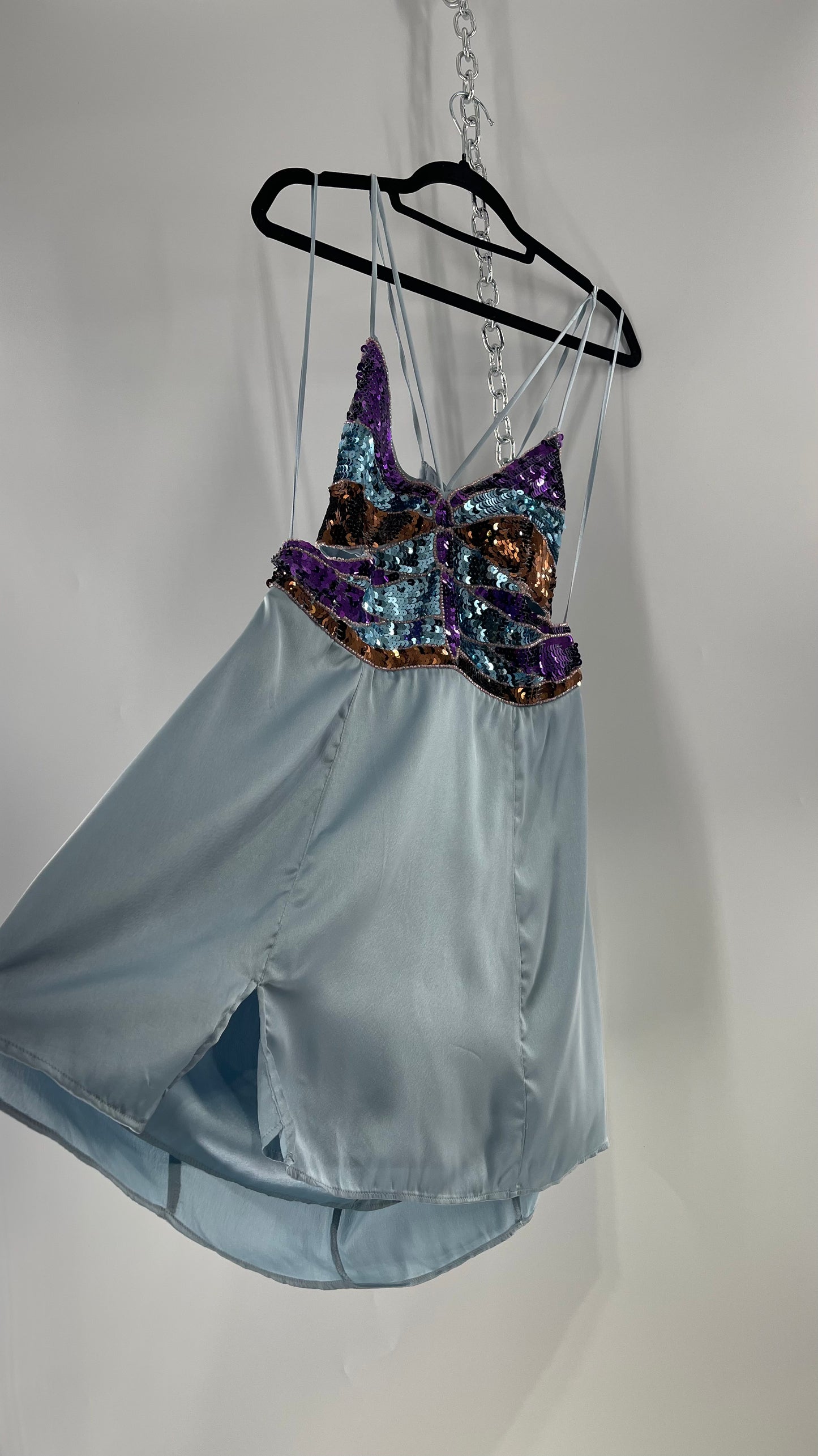 Urban Outfitters Light Blue Satin Butterfly Sequin Size L