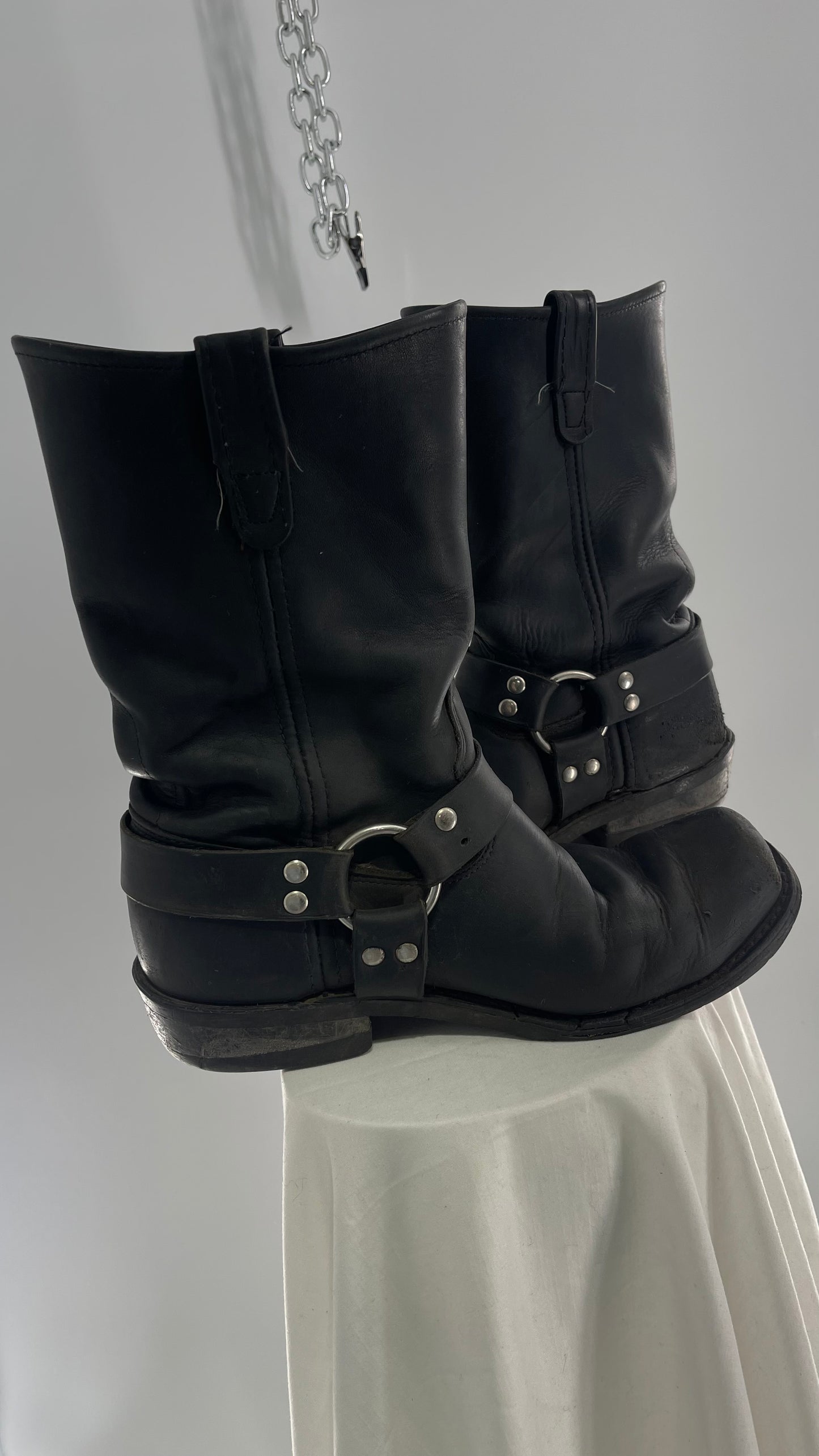 Vintage SIERRA Black Heavy Duty Sloppy Scuffed Distressed Leather Motorcycle Boots (10.5)