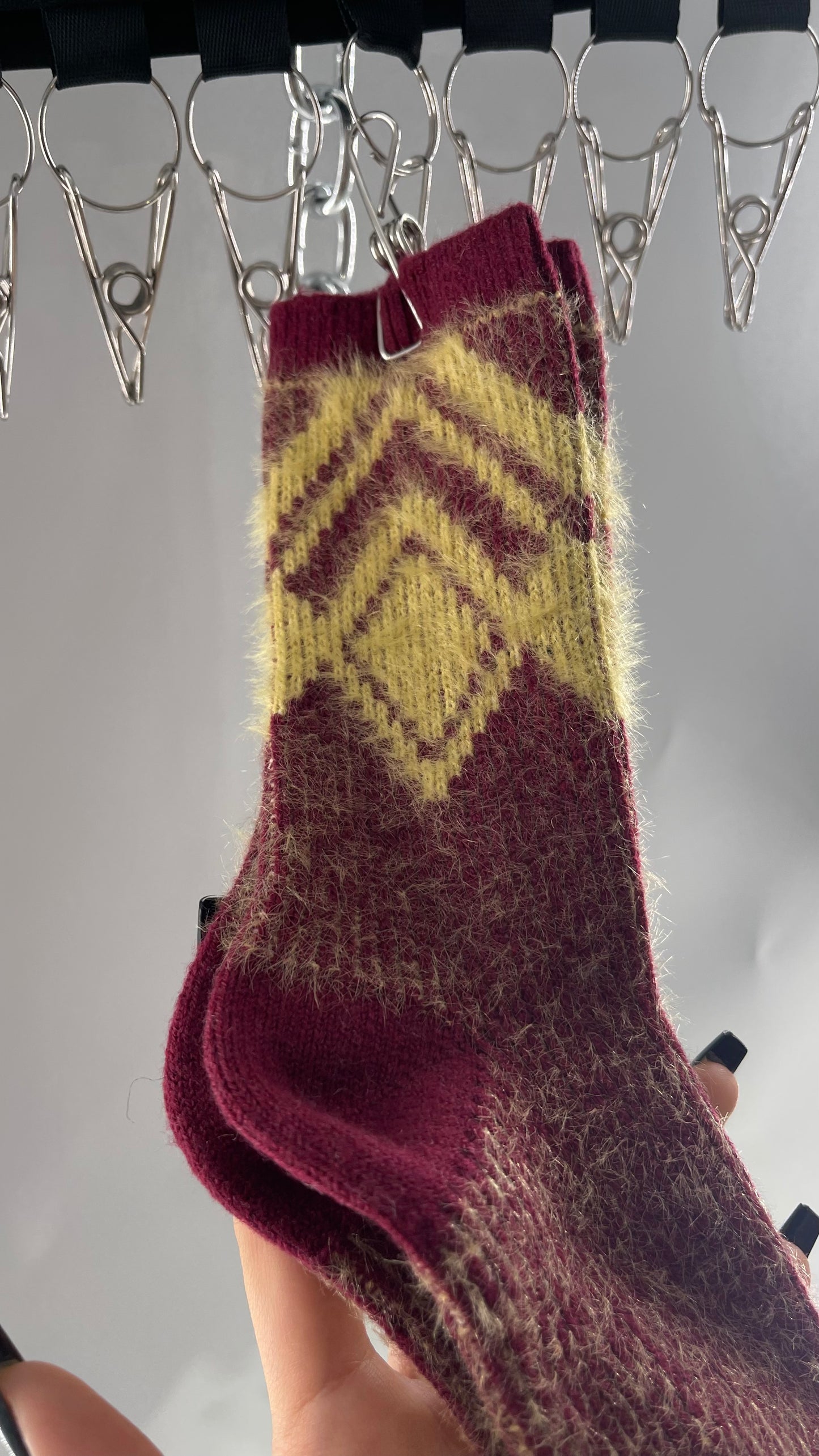 Free People Maroon/Burgundy Fuzzy Cozy Socks with Yellow Argyle Pattern