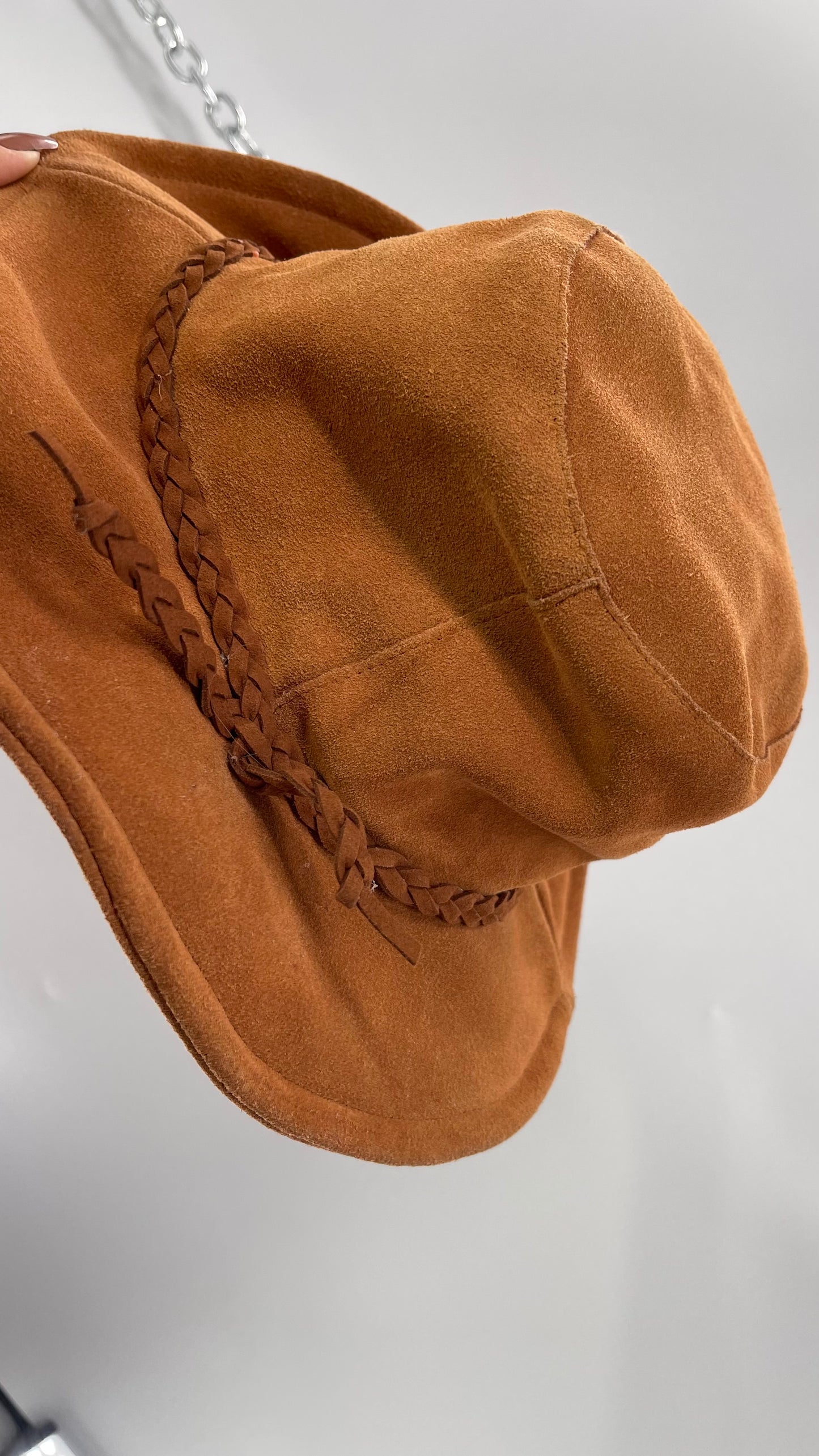Free People Burnt Orange Suede Genuine Leather Sun Hat with Braided Belt