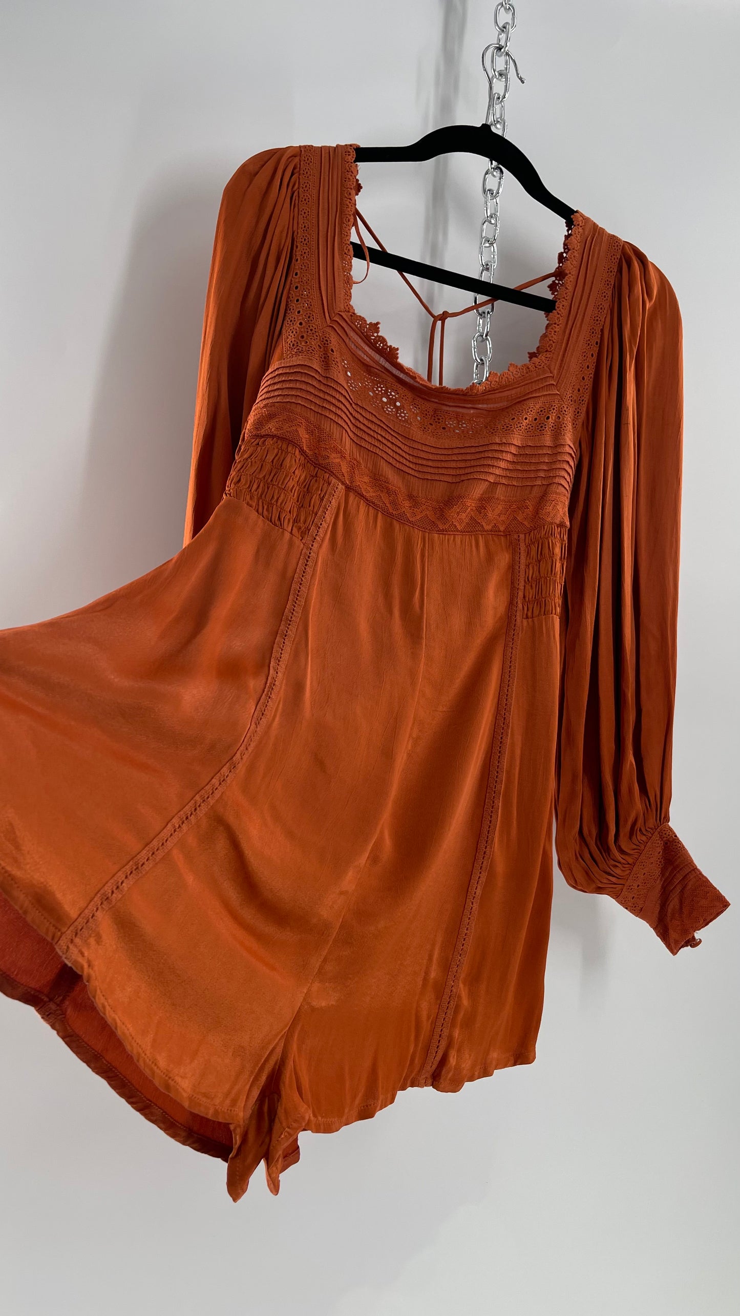 Free People Silky Orange Romper with Buttoned Sleeve Cuffs, Balloon Sleeves and Pleated Lace Bust (2)
