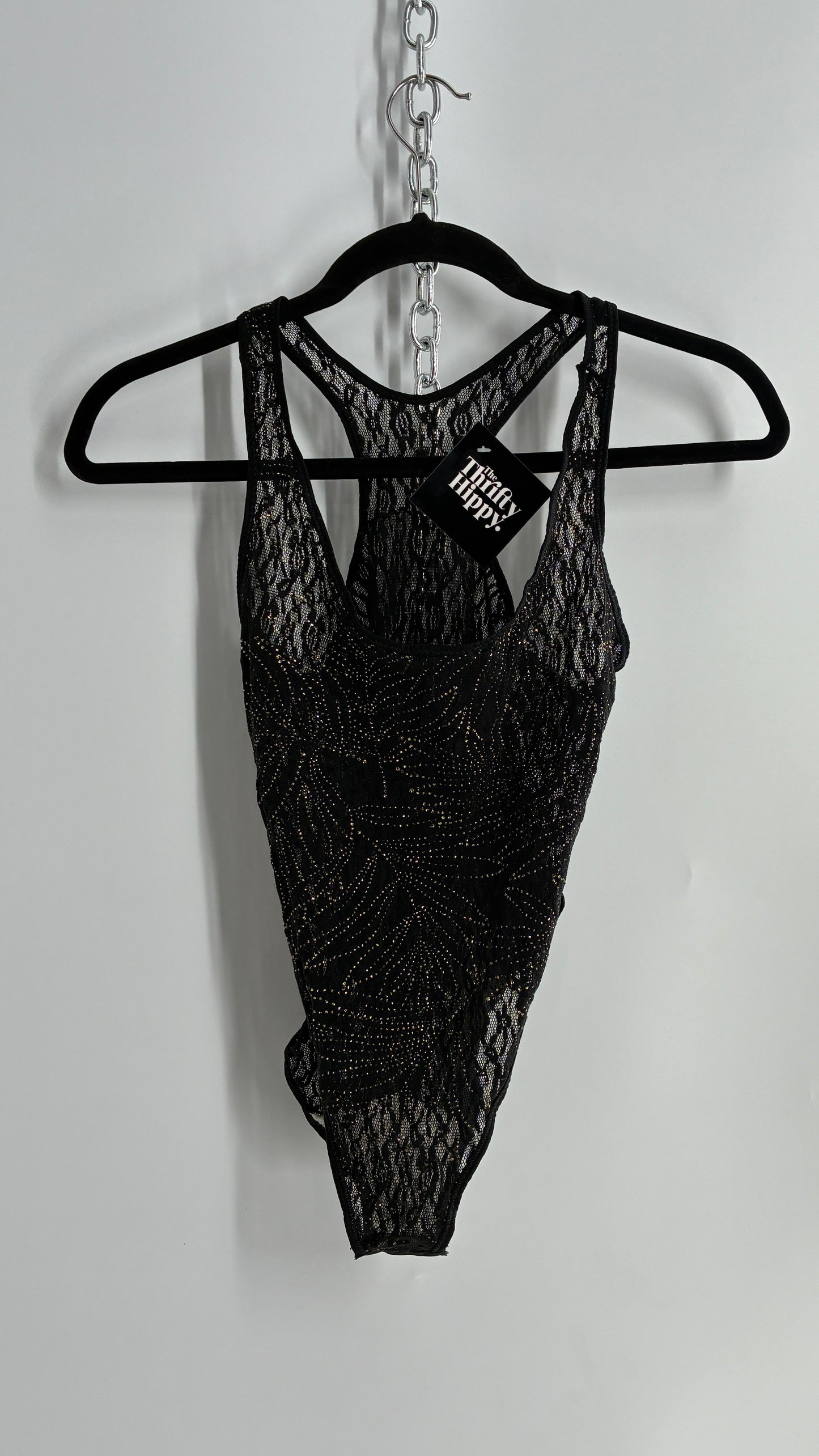 Vintage 1990s Sheer Black Bodysuit with Gold Glitter Foliage Pattern (Large)