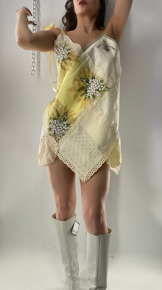 Vintage Handmade Handkerchief Mini Dress with Adjustable Ribbon Straps (XS-L)
