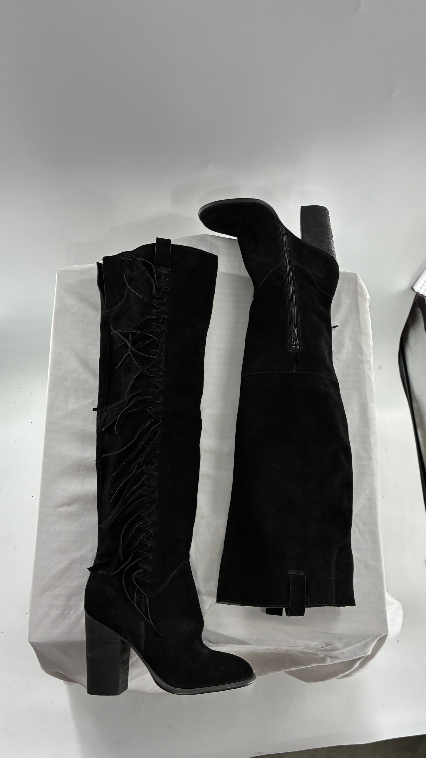 Vintage CARLOS SANTANA Genuine Suede Leather Thigh High Tassel, Fringe Side Boots (7.5)