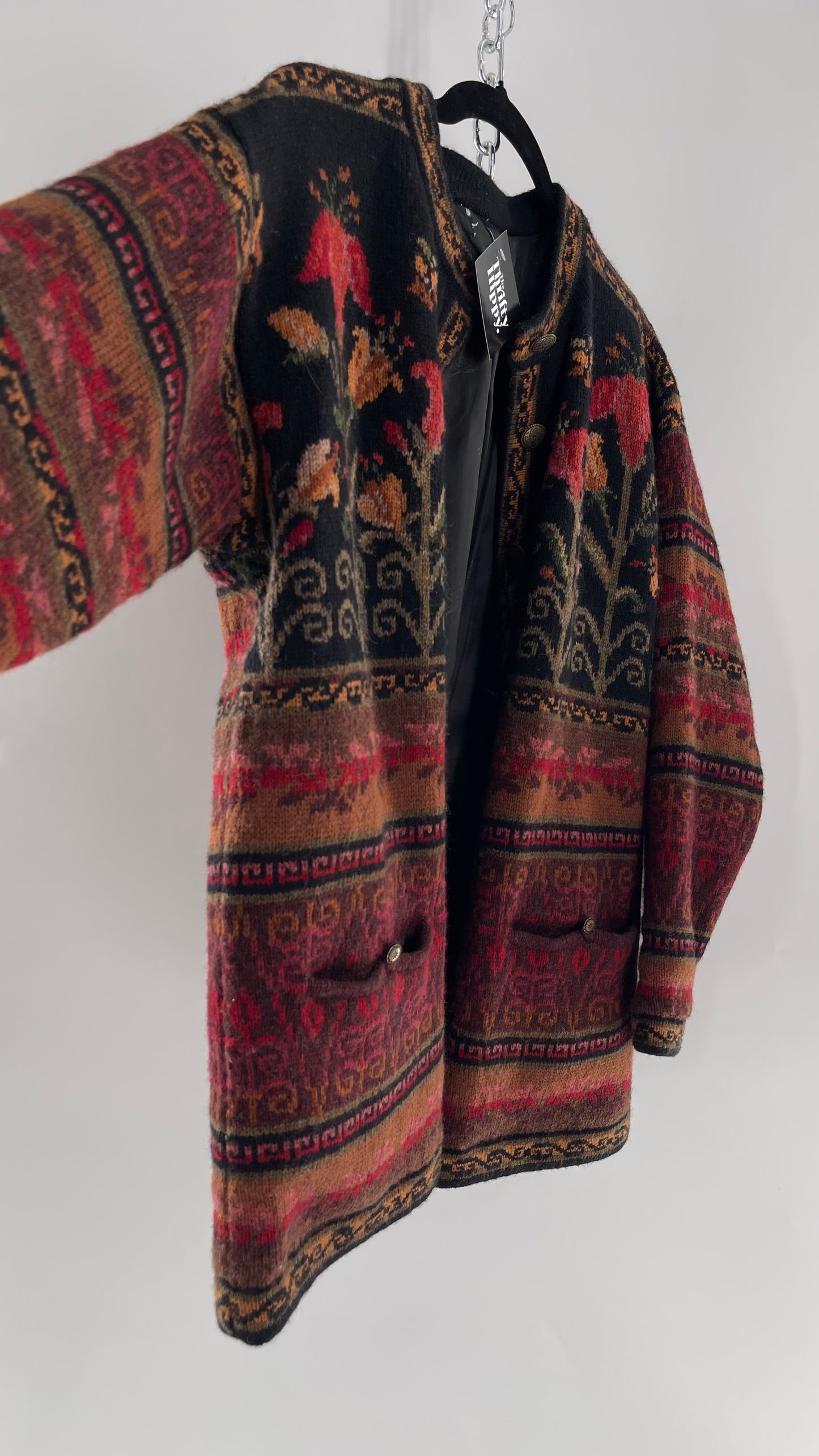 Vintage Iceland Design Wool Jacket with Brass Embossed Buttons and Folk Floral Patterning(C)(Medium)