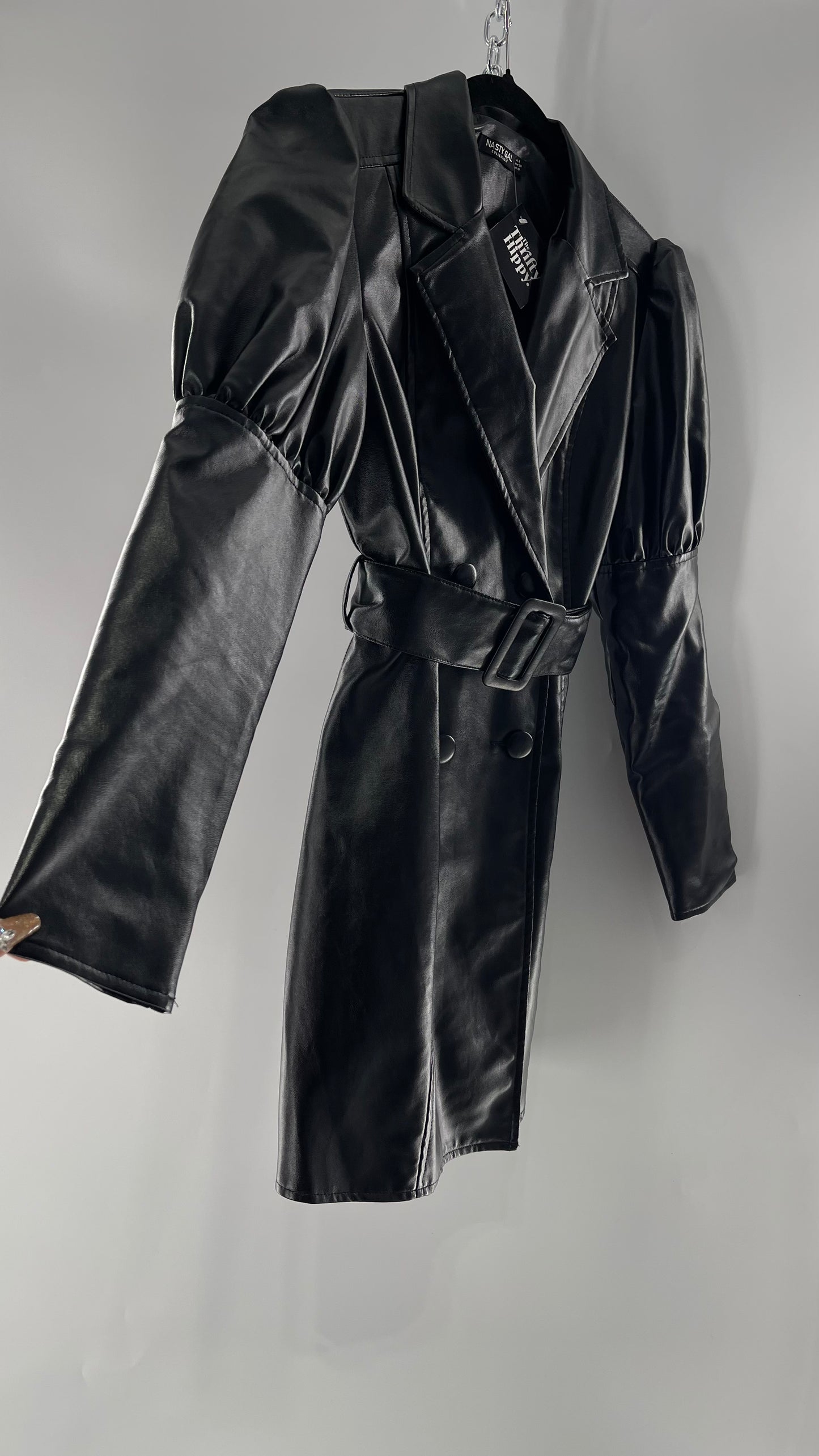 NASTYGAL Black Patent Pleather Puff Shoulder Belted Trench Coat (C)(6)
