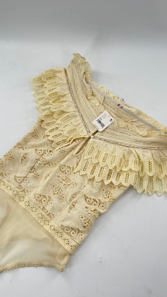 Intimately Free People Light Yellow Lace Bodysuit with Ruffled Off the Shoulder Neckline
(XS)