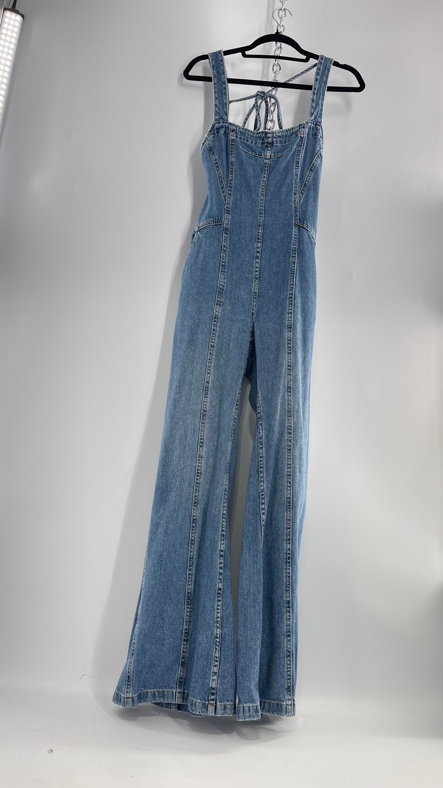 Free People Denim Backless Wide Leg Jumpsuit with Tags Attached (Small)