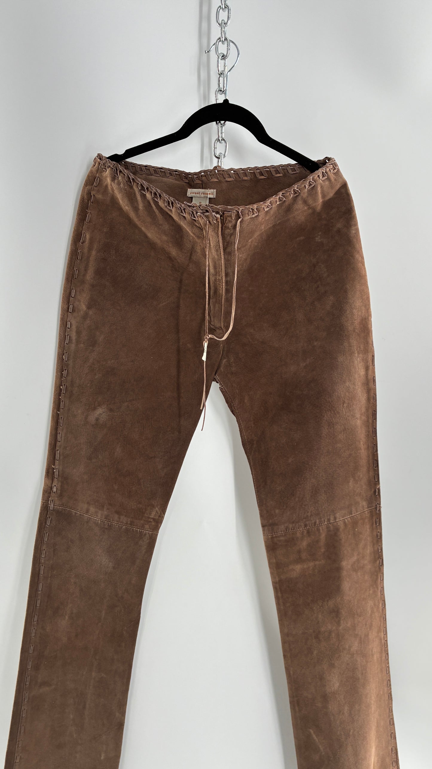 Vintage SWEET ROMEO Suede Leather Stitch Side, Braided Hem Pants (10)