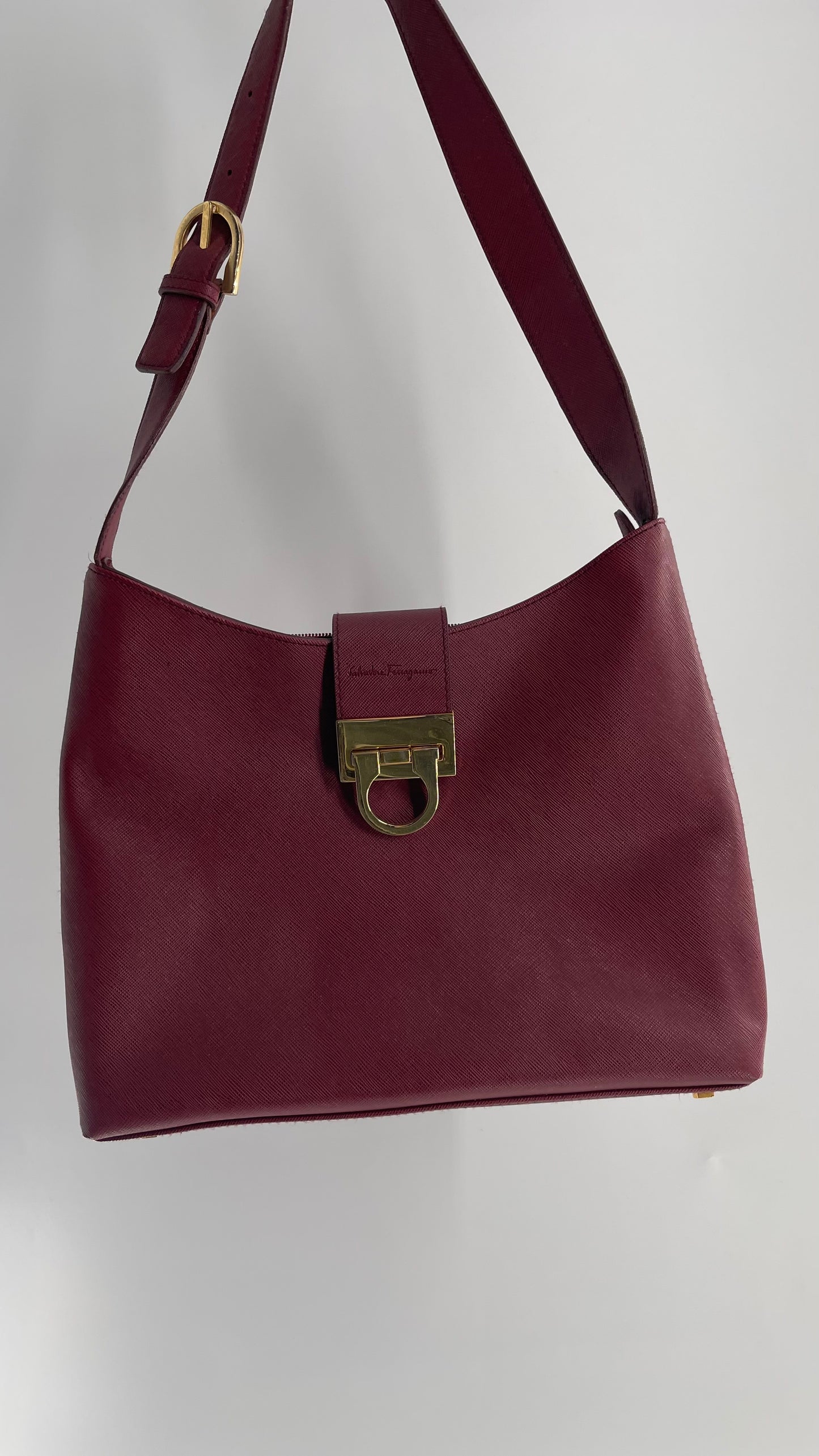 Vintage Salvatore Ferragamo Maroon Red Pocketbook Bag with Gold Hardware