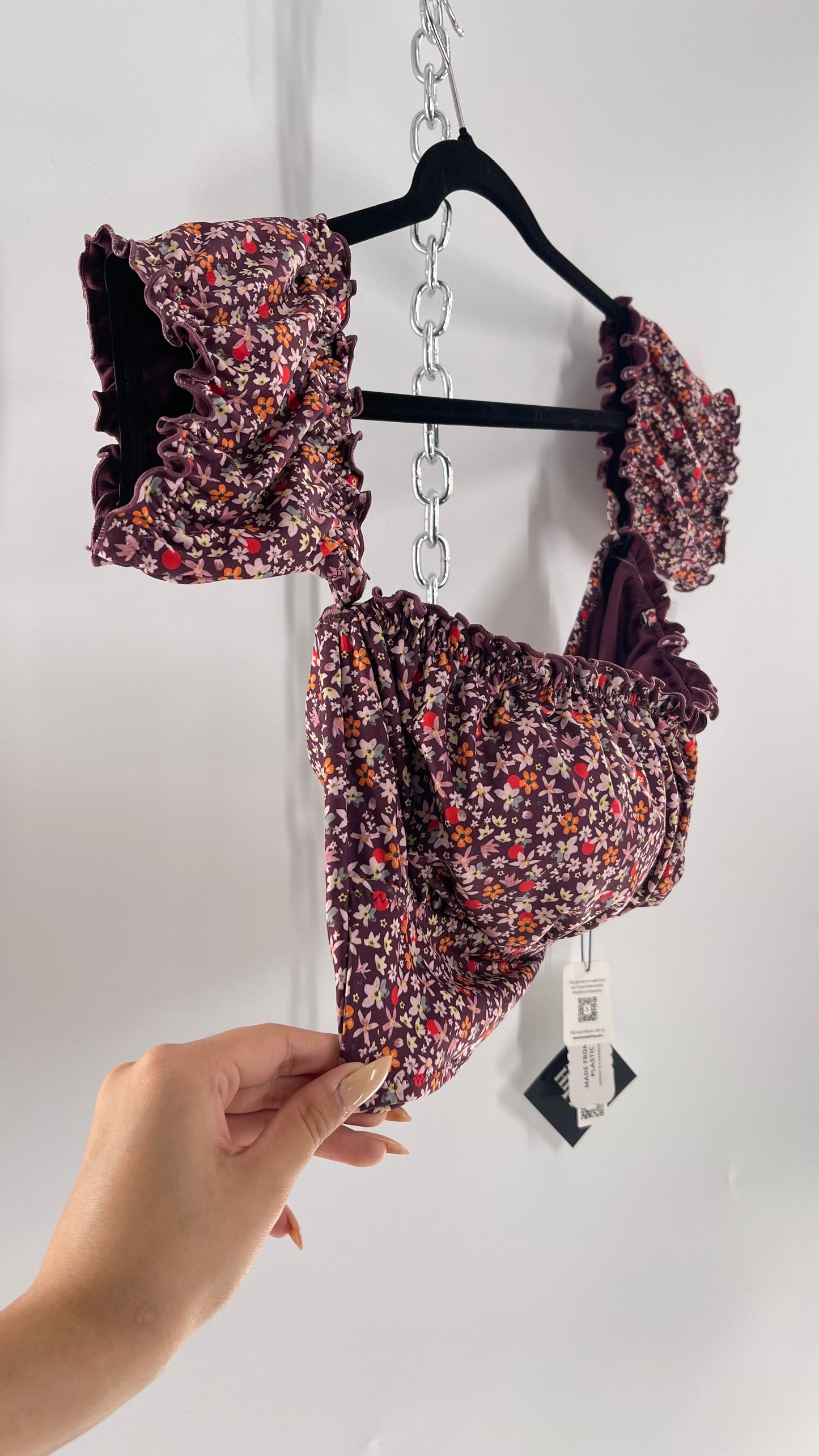 Free People Sanctuary Swim Purple Floral Milkmaid Bust Crop (XL)