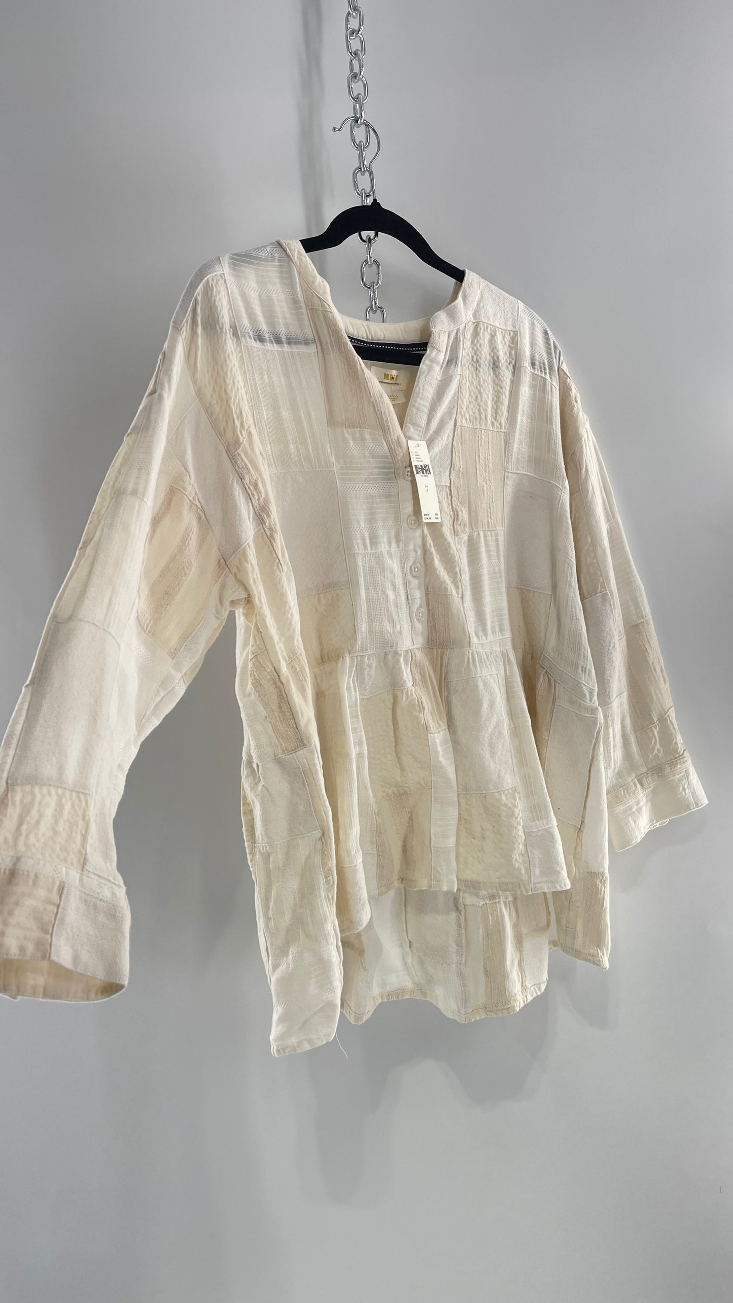 Anthropologie Patchwork Off White Voluminous Blouse with Tags Attached (Small)
