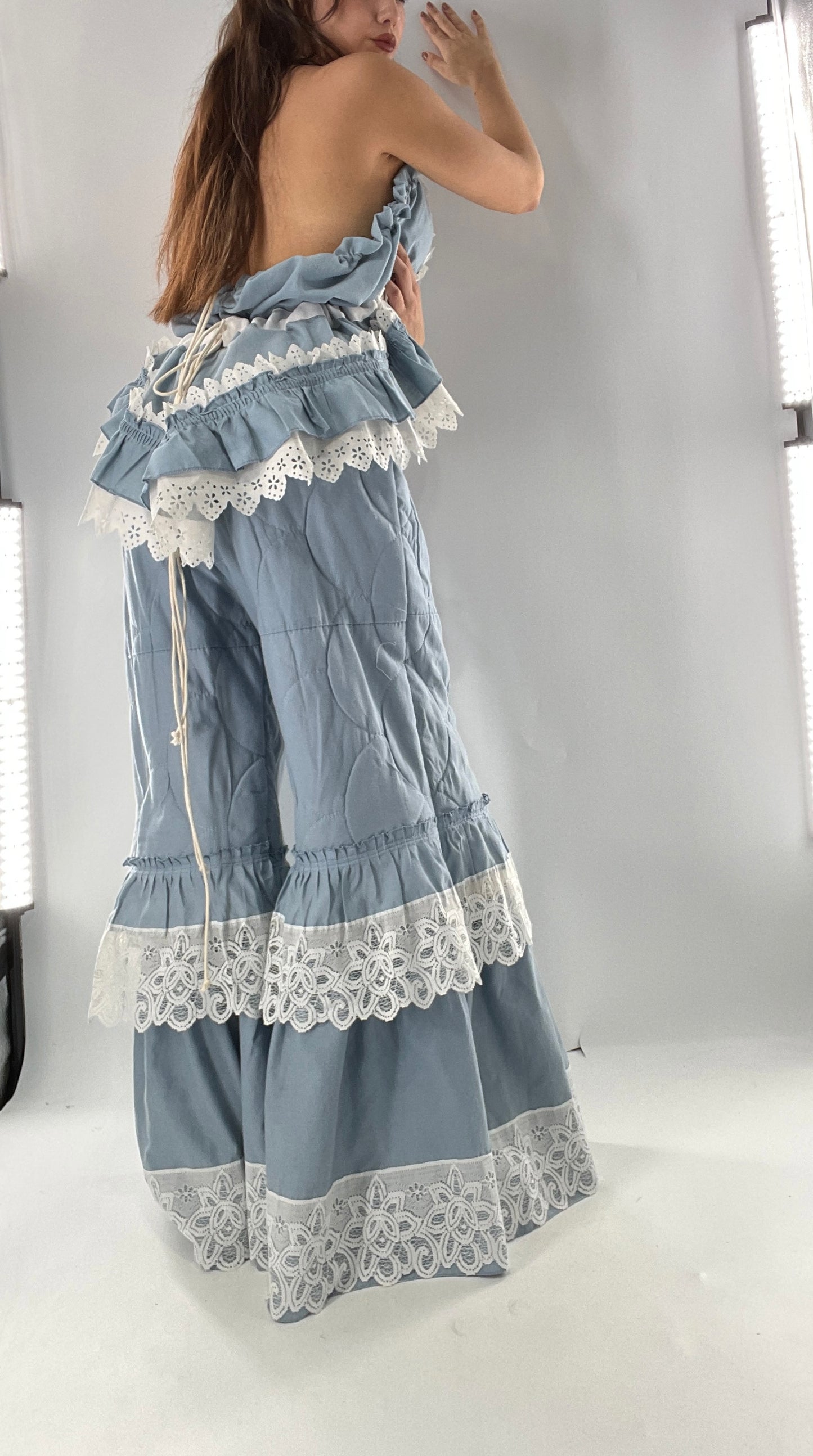 Vintage 2 Piece Powder Blue Set Featuring 2Way Blouse and Quilted Trousers Covered in Ruffles, Lace and Trim (One Size)