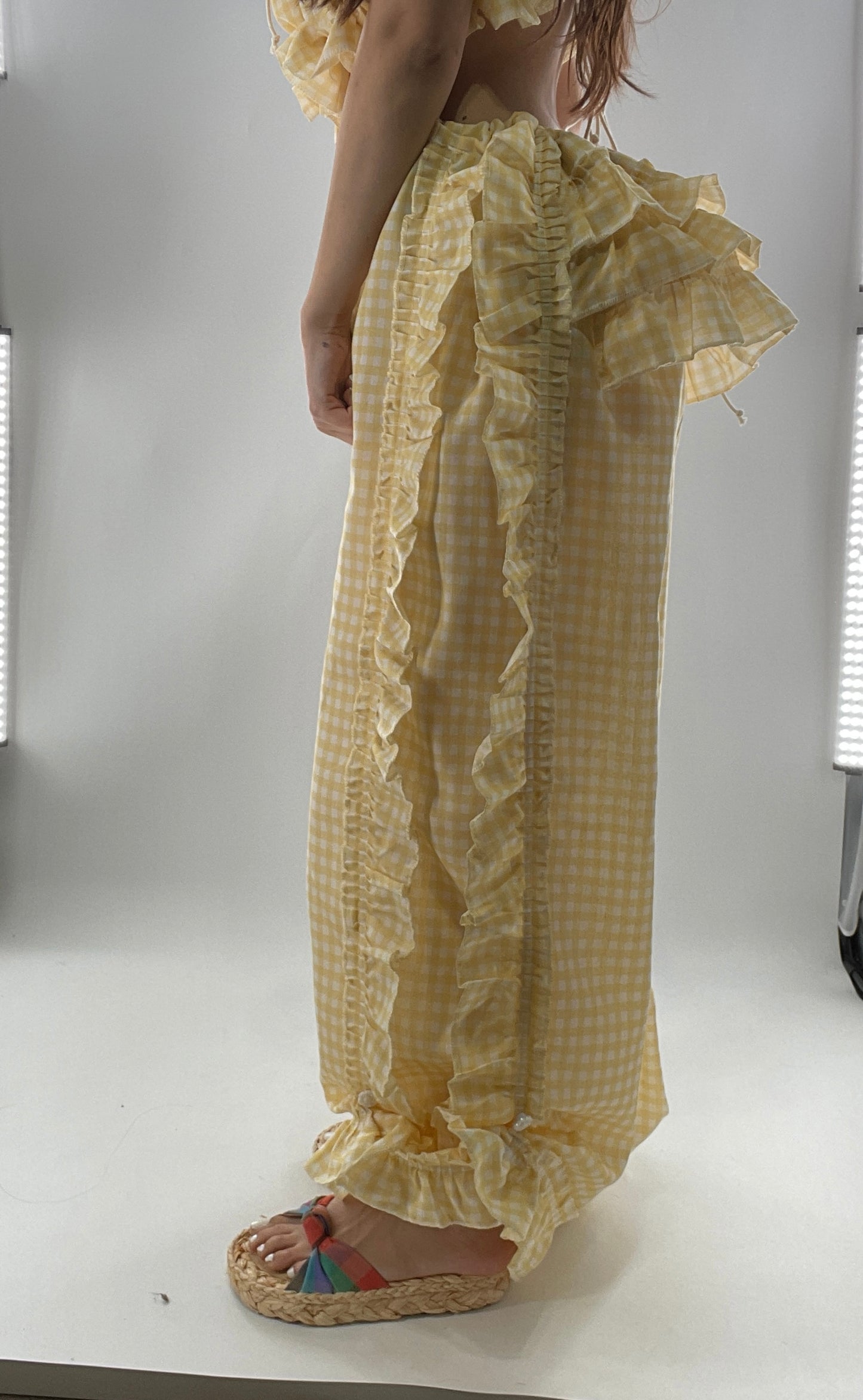 Vintage 2 Piece Yellow Checkered/Gingham Patterned Picnic Set with Ruched Bust Top and Ruffle Side Wide Legs with Adjustable Length, Strap Up Buttons on Hem (One Size)