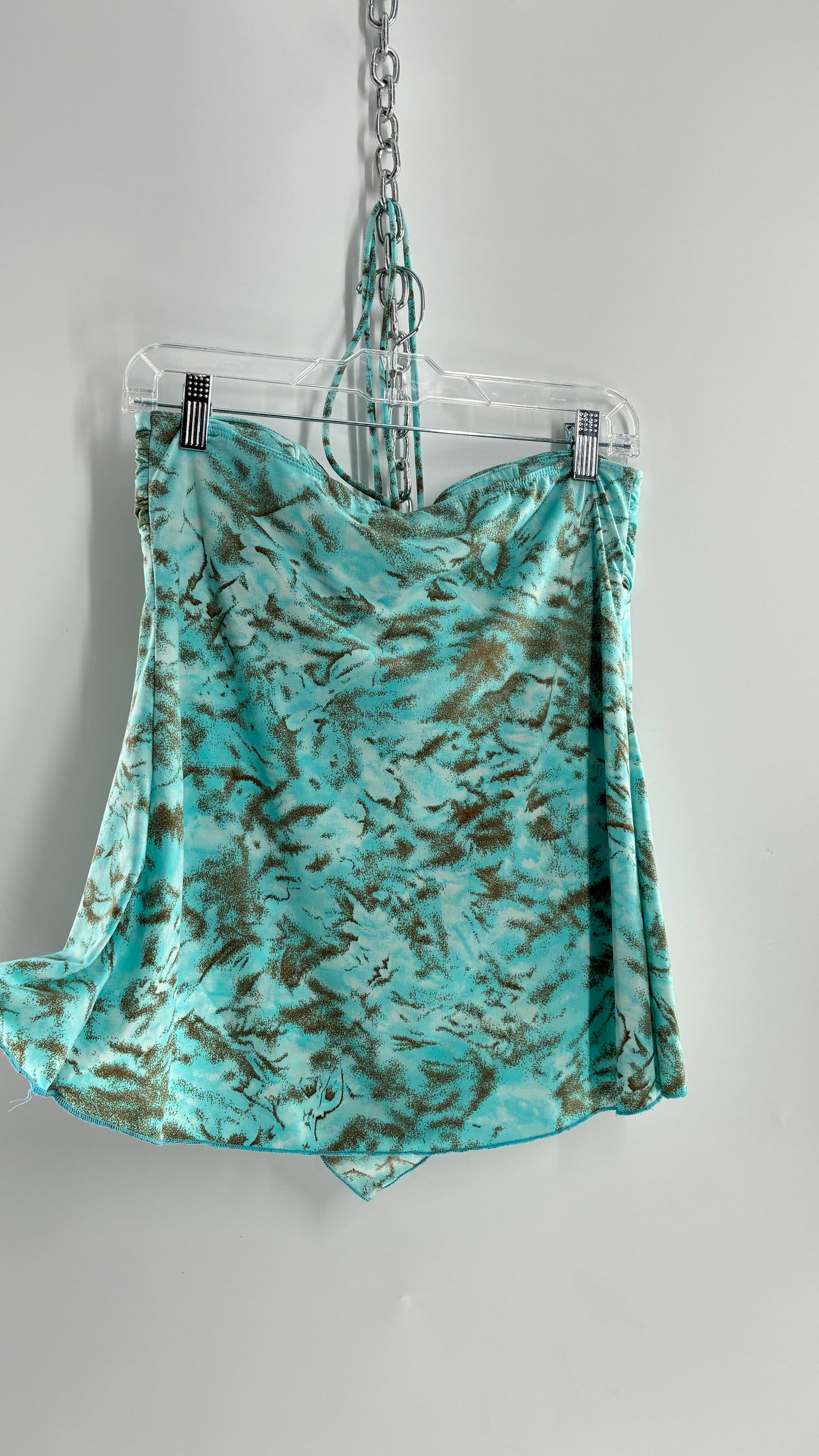 Vintage VENUS Turquoise Handkerchief Hem, Vented Tube Top with Stone Buckle and Choker Detail (M)
