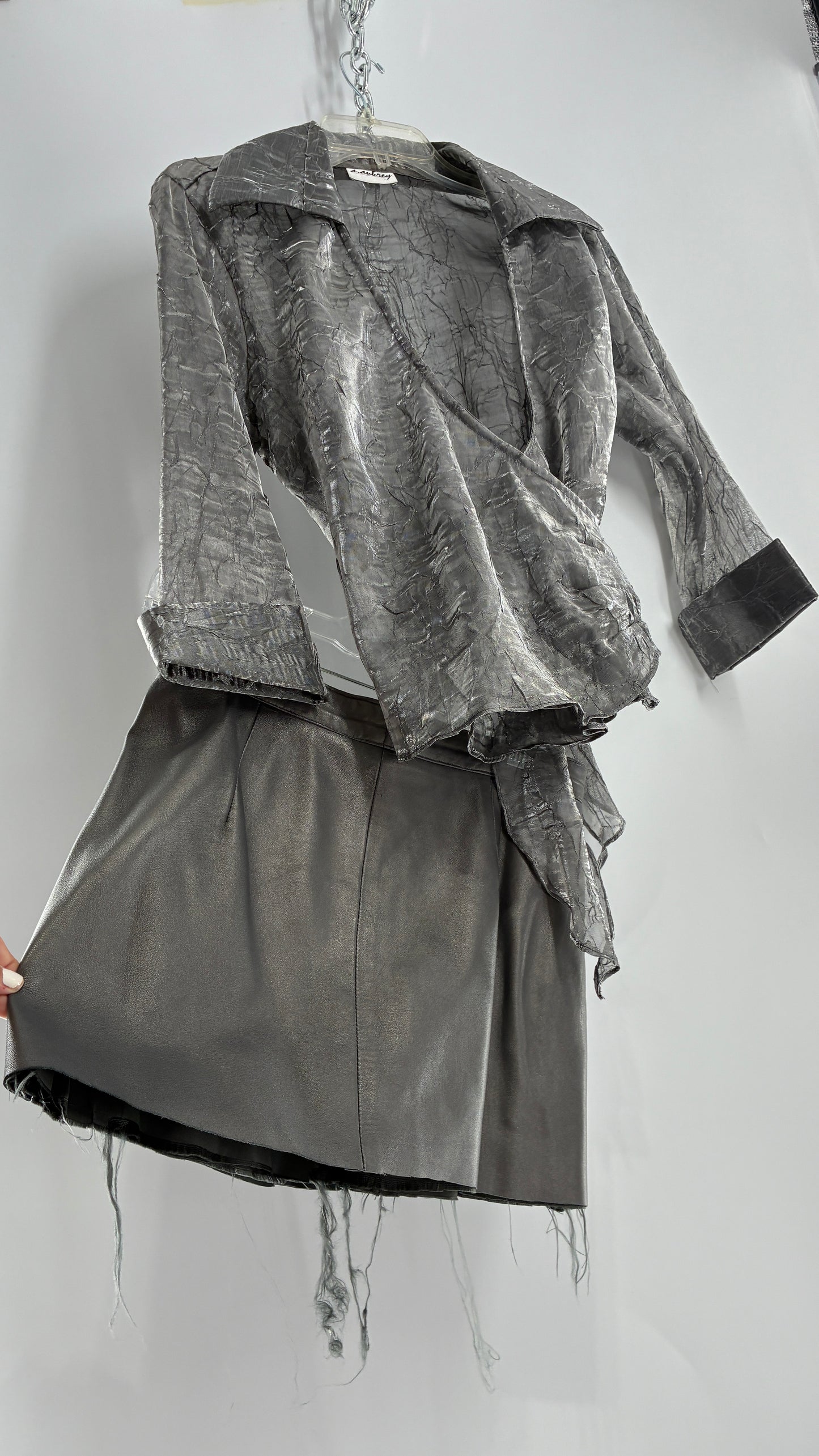 Vintage 1980s JUST PIERRE 3pc Metallic Silver Leather Trench Coat, Micro Mini Skirt and Sheer Blouse Set (S/M)