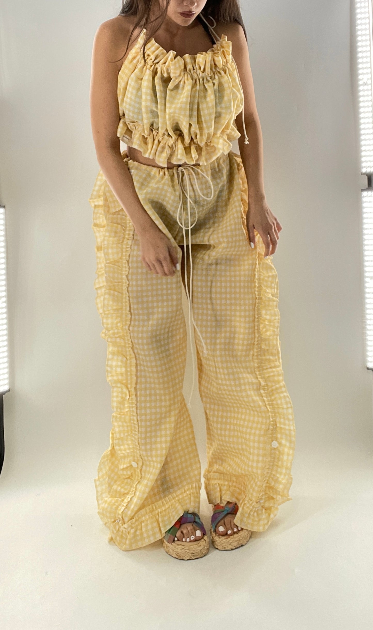 Vintage 2 Piece Yellow Checkered/Gingham Patterned Picnic Set with Ruched Bust Top and Ruffle Side Wide Legs with Adjustable Length, Strap Up Buttons on Hem (One Size)