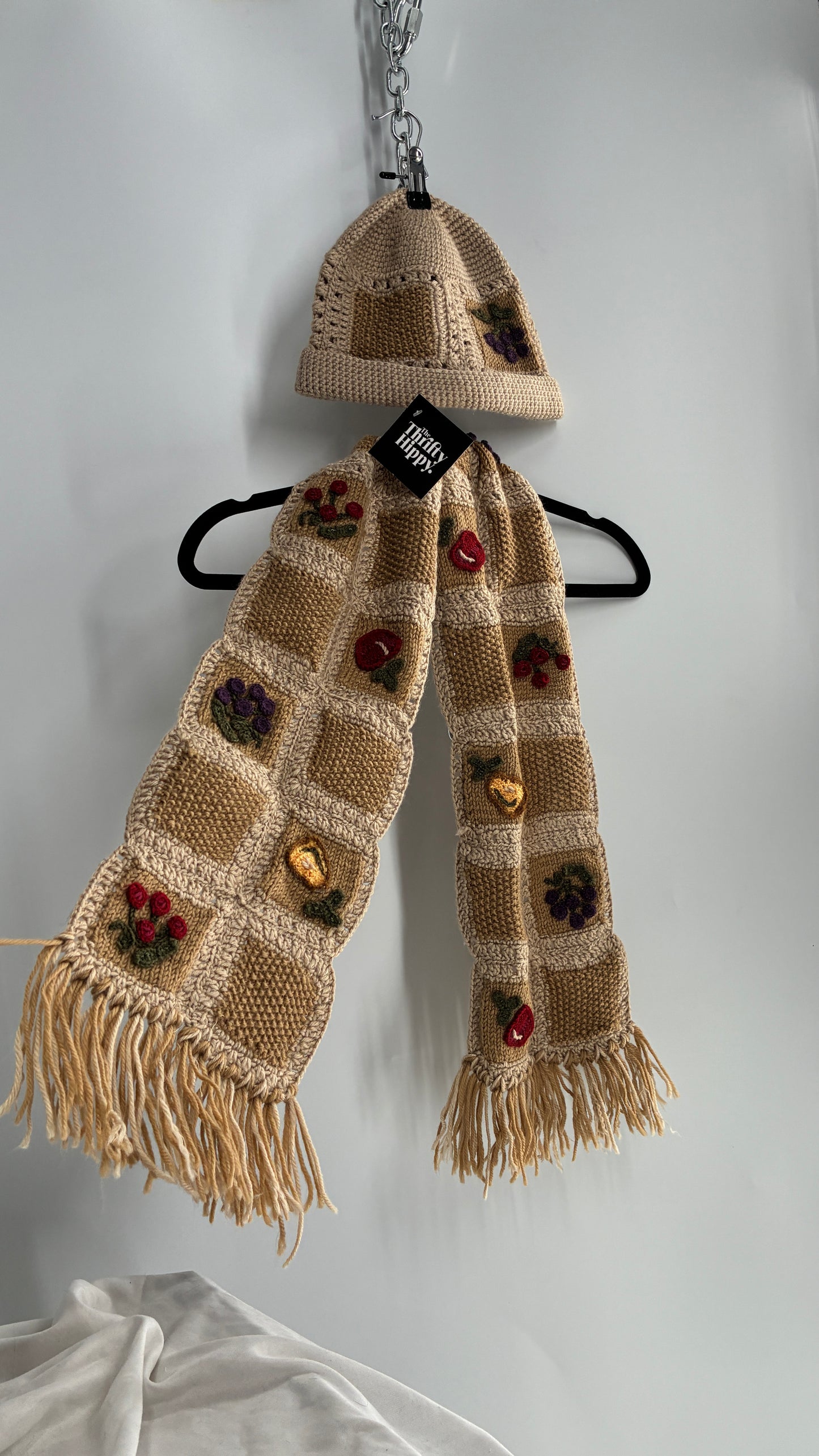 Vintage Crochet Knit Fruits of the Loom Hat and Scarf Set