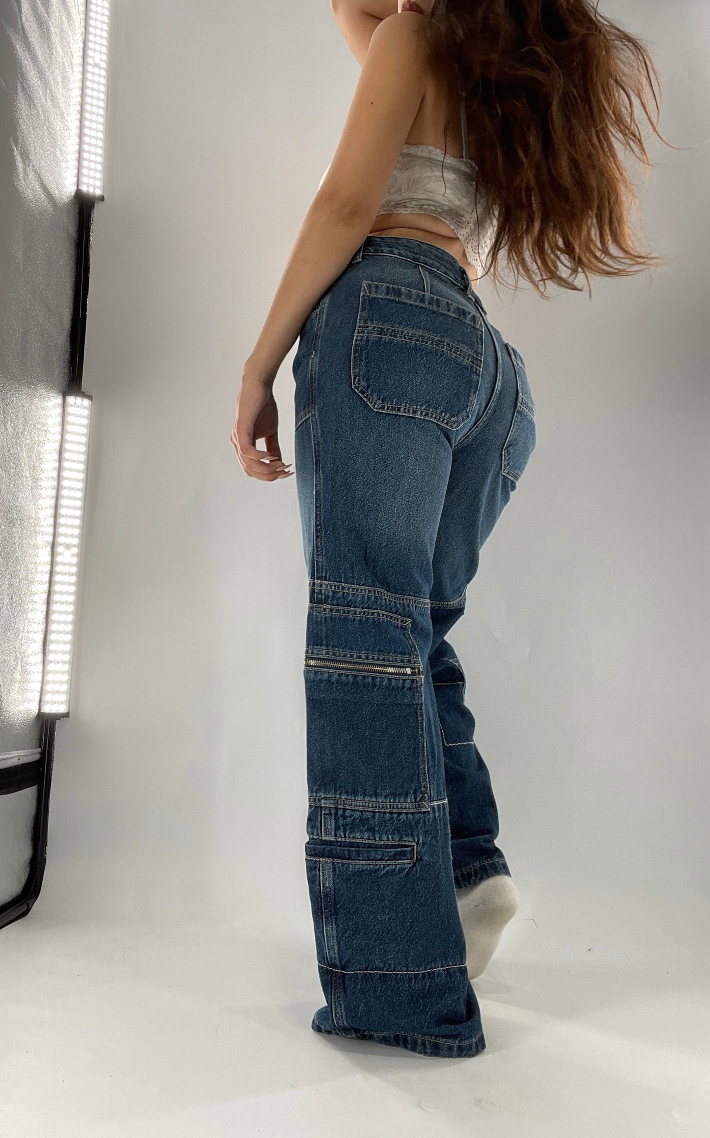 Free People Medium Wash Baggy Straight Legs Jeans Covered in Zippers, Pockets, Stitching (28)