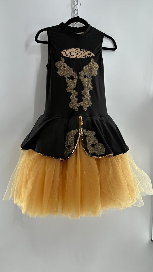 Costume Dancewear Mini Dress with Full Tulle Skirt, and Lace Appliqués (Medium Adult)