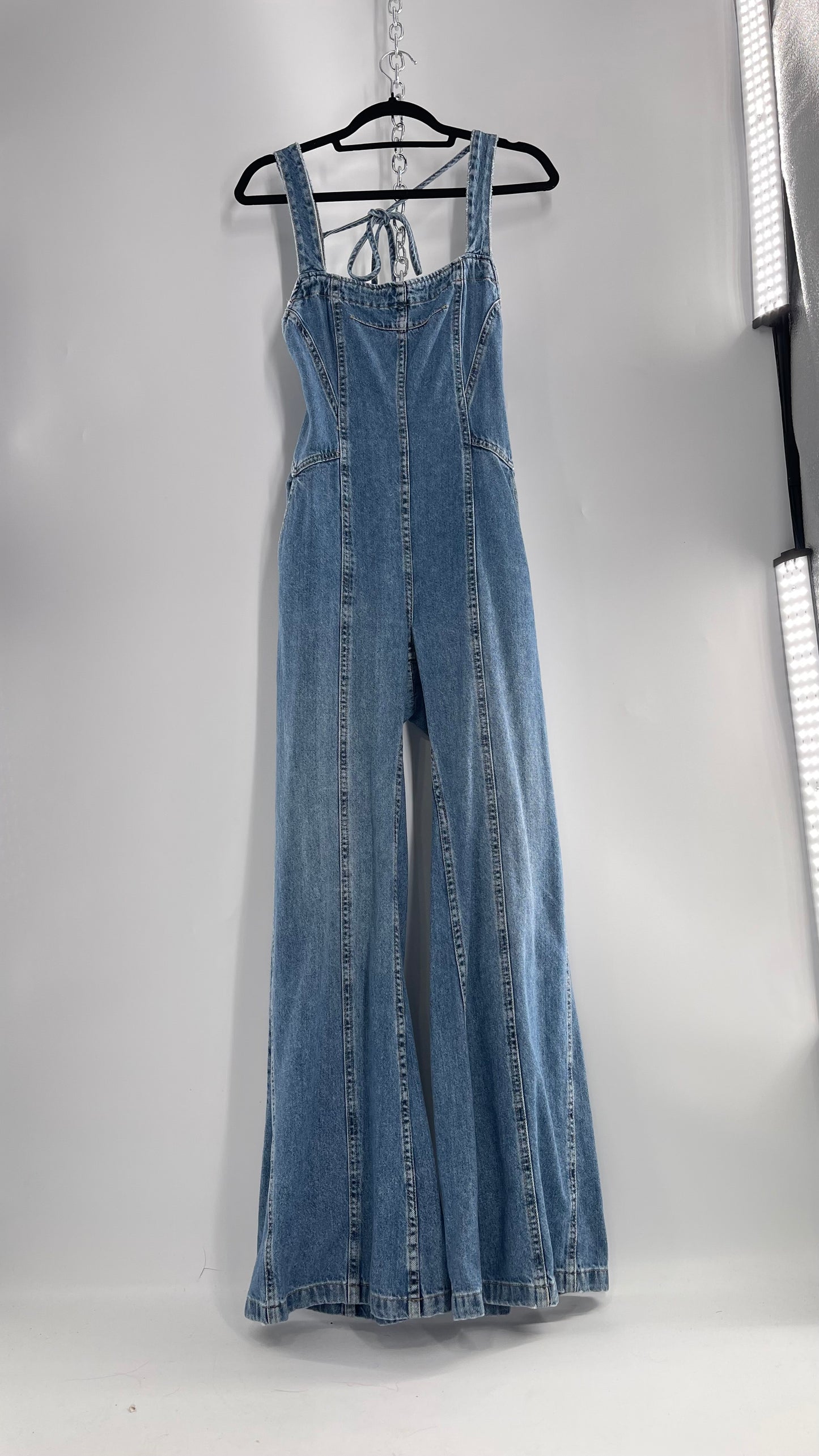 Free People Denim Backless Wide Leg Jumpsuit with Tags Attached (Small)