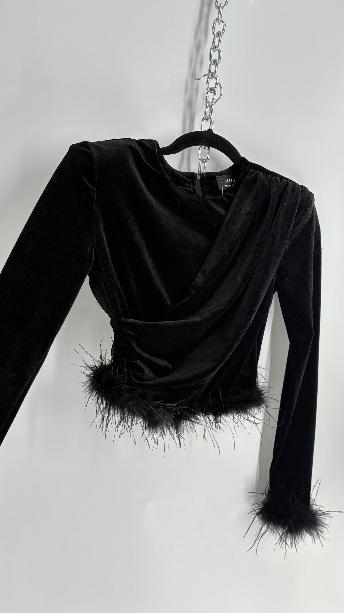 Vintage VICI Black Draped Long Sleeve with Ostrich Feather Hems and Cuff (XS)