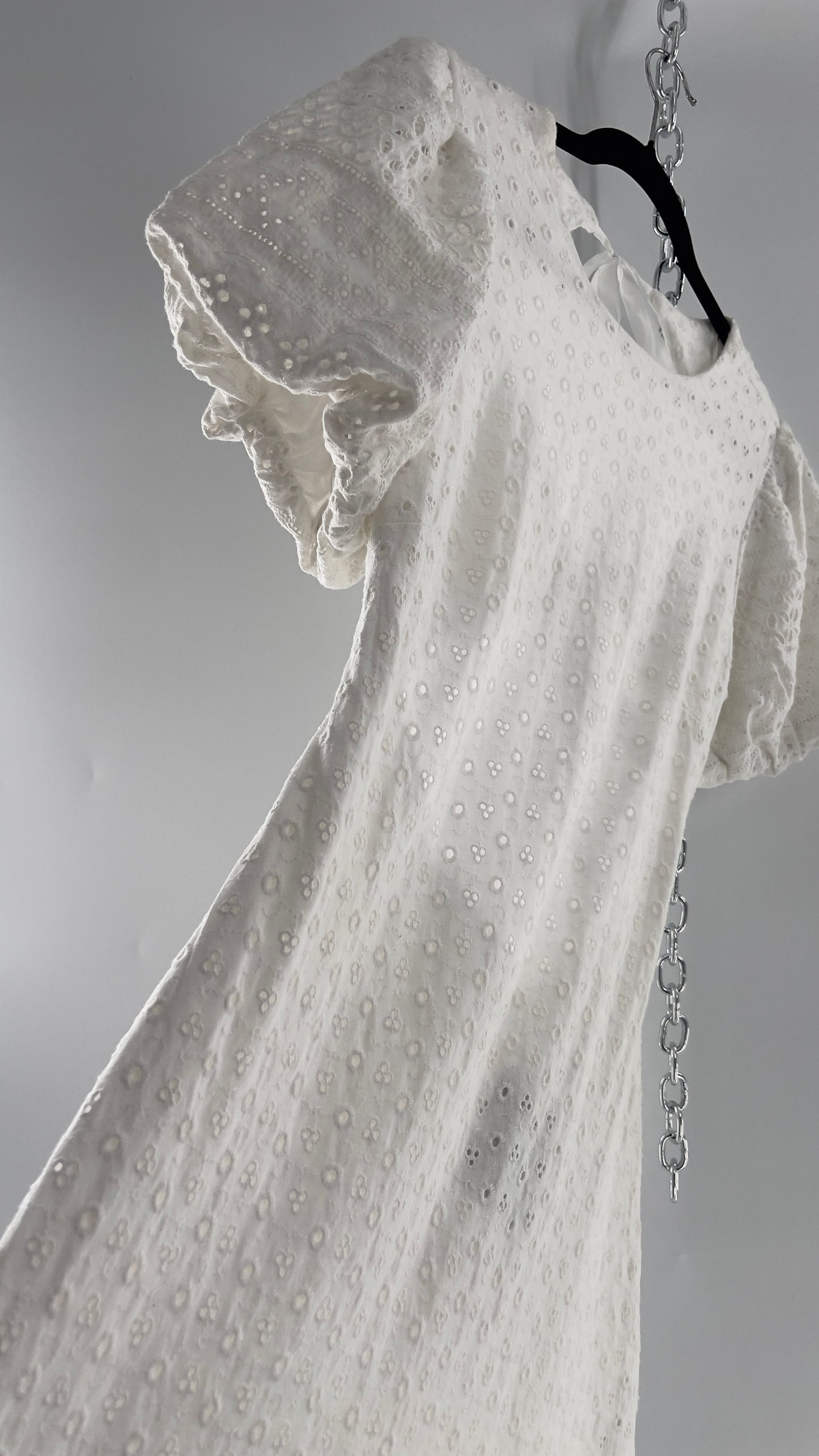 Free People White Eyelet Mini Dress with Puff Sleeve and Open Back (XS)